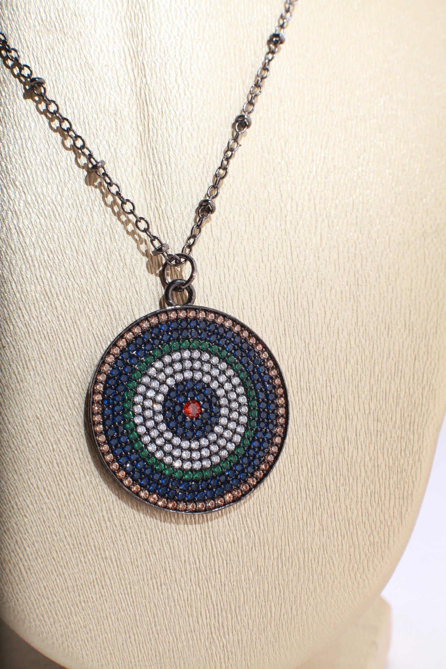 Cubic Zirconia Micro Pave Diamond Style Large Evil Eye Pendant with Silver Oxidized Necklace, Available in 16",18",20", 22" and 24"
