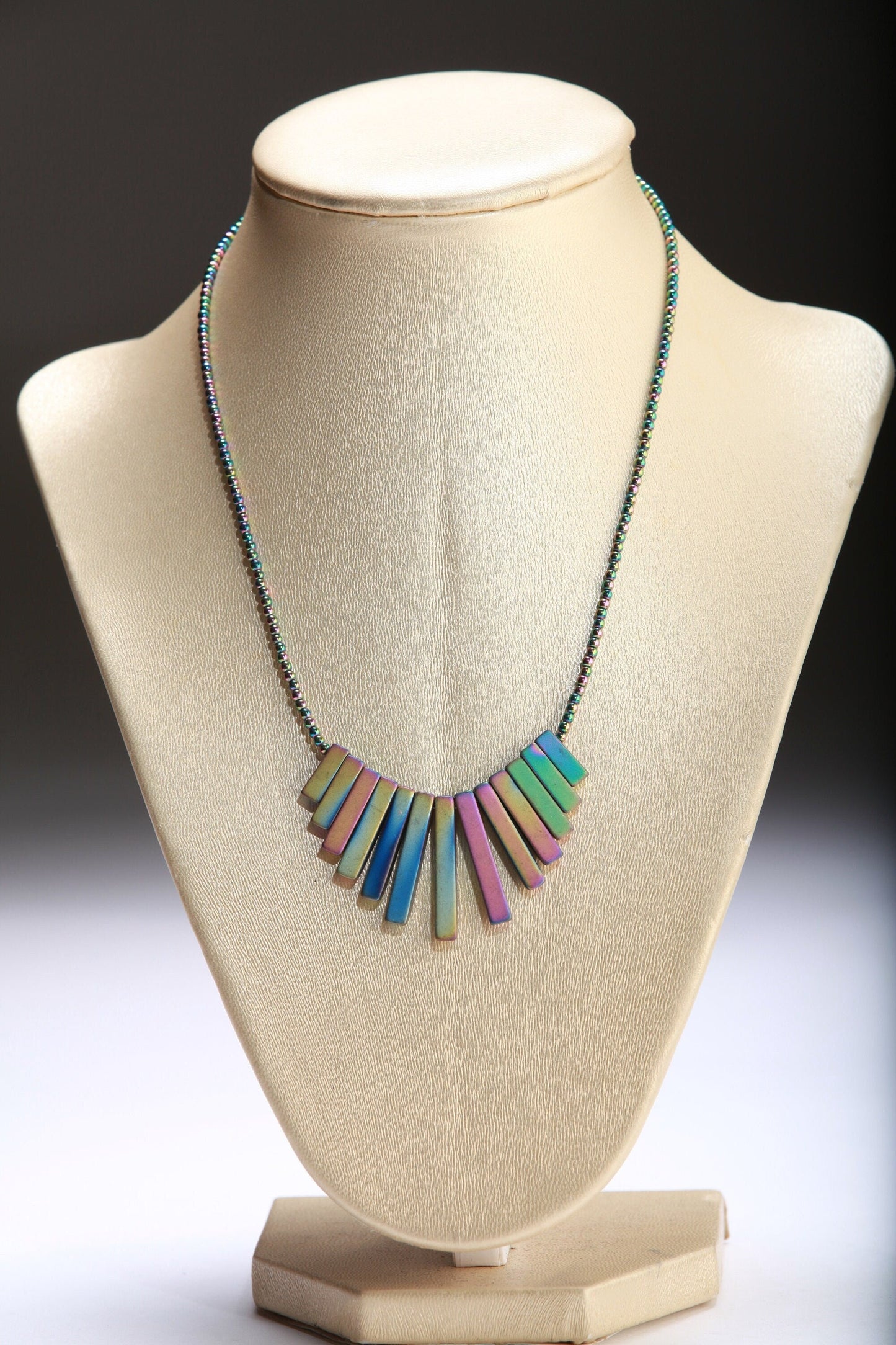 Titanium Hematite matte Graduated Stick double side wearable 2 different shaded color in both side, silver Necklace, 14 to 24" choice.