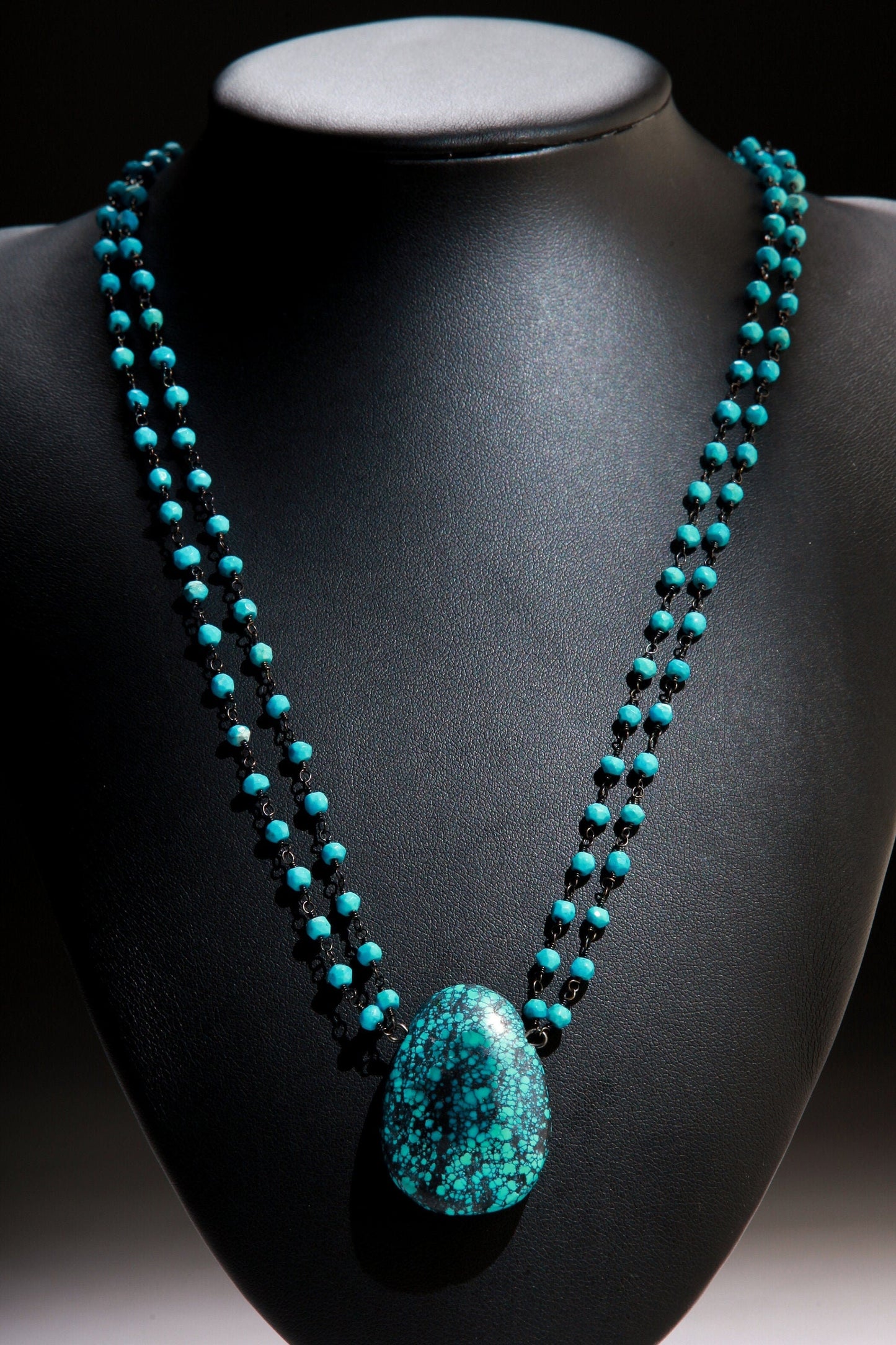 Natural Tibetan Spiderweb Turquoise Teardrop Pendant with Natural Turquoise Oxidized Silver Wire Wrap Double Layer 18+ 2" Extension Necklace
