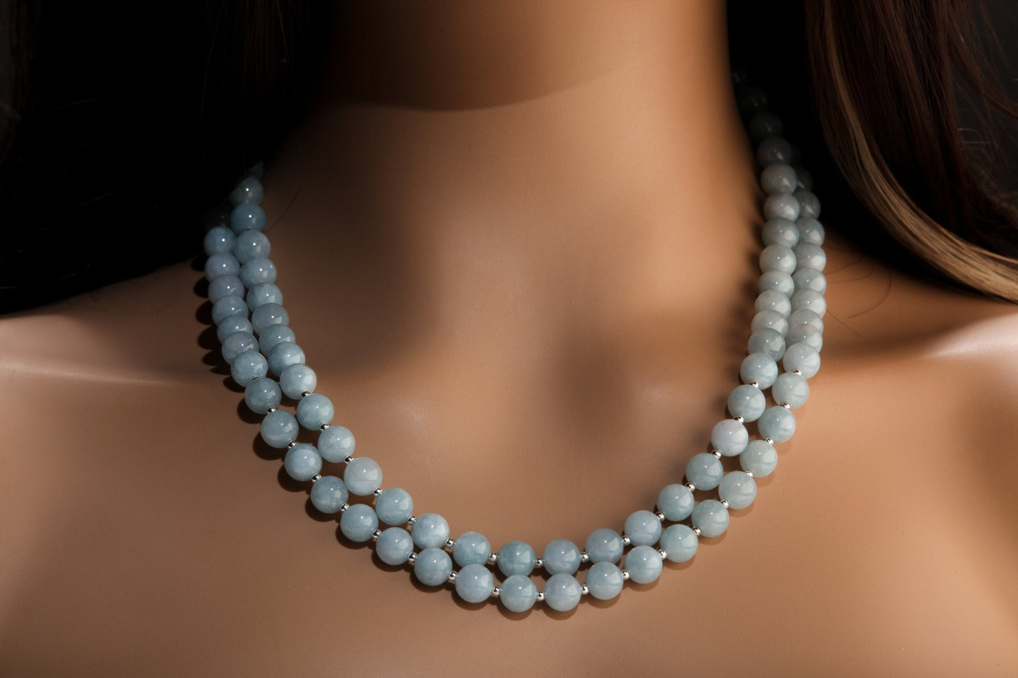 Aquamarine 2 Line Necklace, Genuine Aquamarine Smooth Round,925 Sterling Silver Spacers & Clasp,Natural gems March Birthstone, 18"plus 2"ext