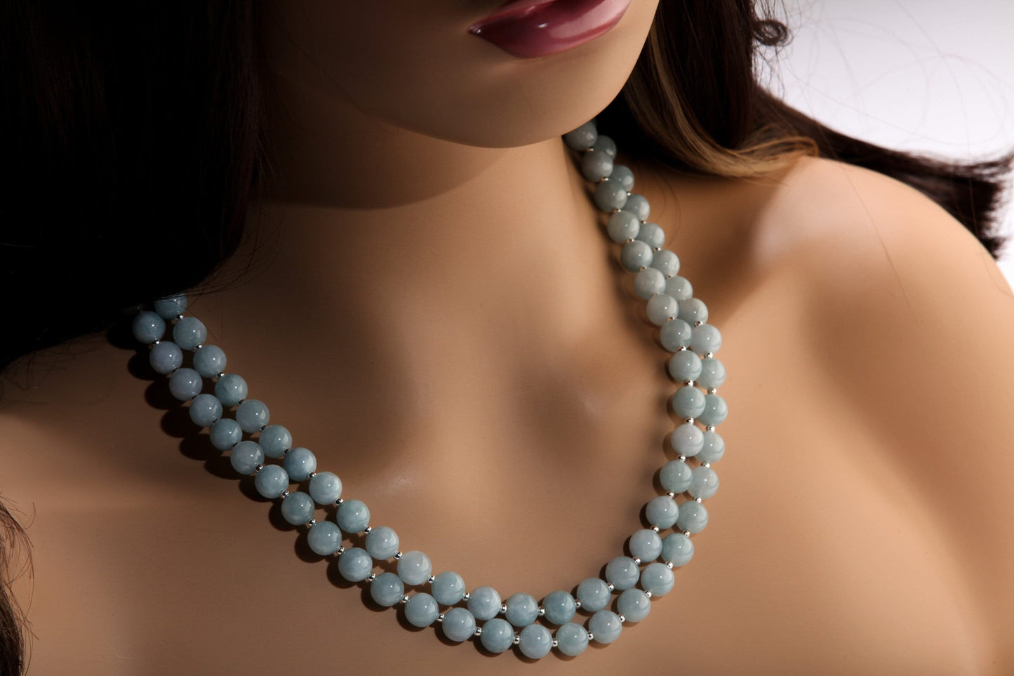 Aquamarine 2 Line Necklace, Genuine Aquamarine Smooth Round,925 Sterling Silver Spacers & Clasp,Natural gems March Birthstone, 18"plus 2"ext