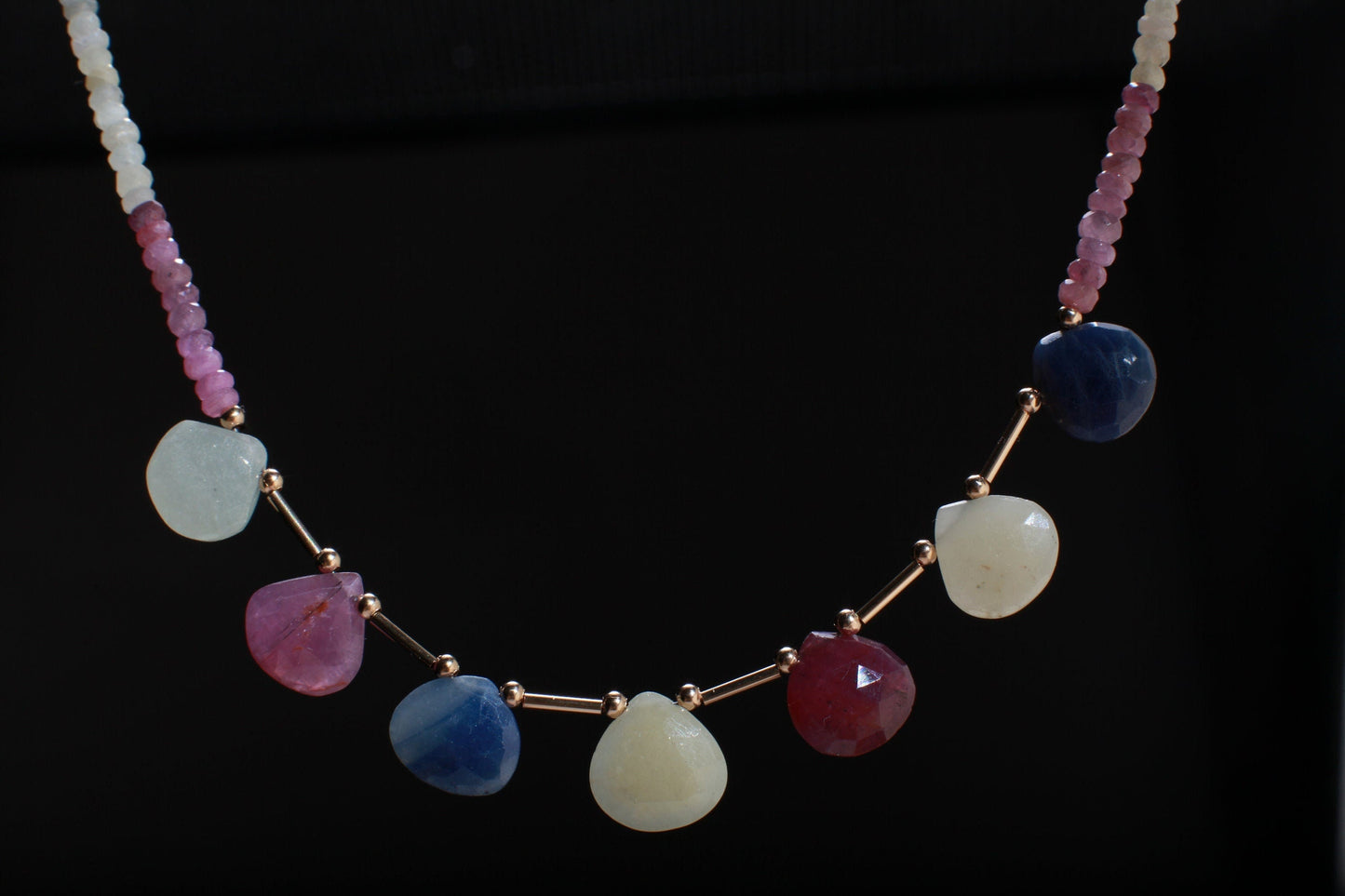 Natural Multi Sapphire heart Teardrop with 4mm Multi Sapphire roundel , 14K Liquid Gold Filled Tube, Spacer & Clasp 16”- 30”Necklace