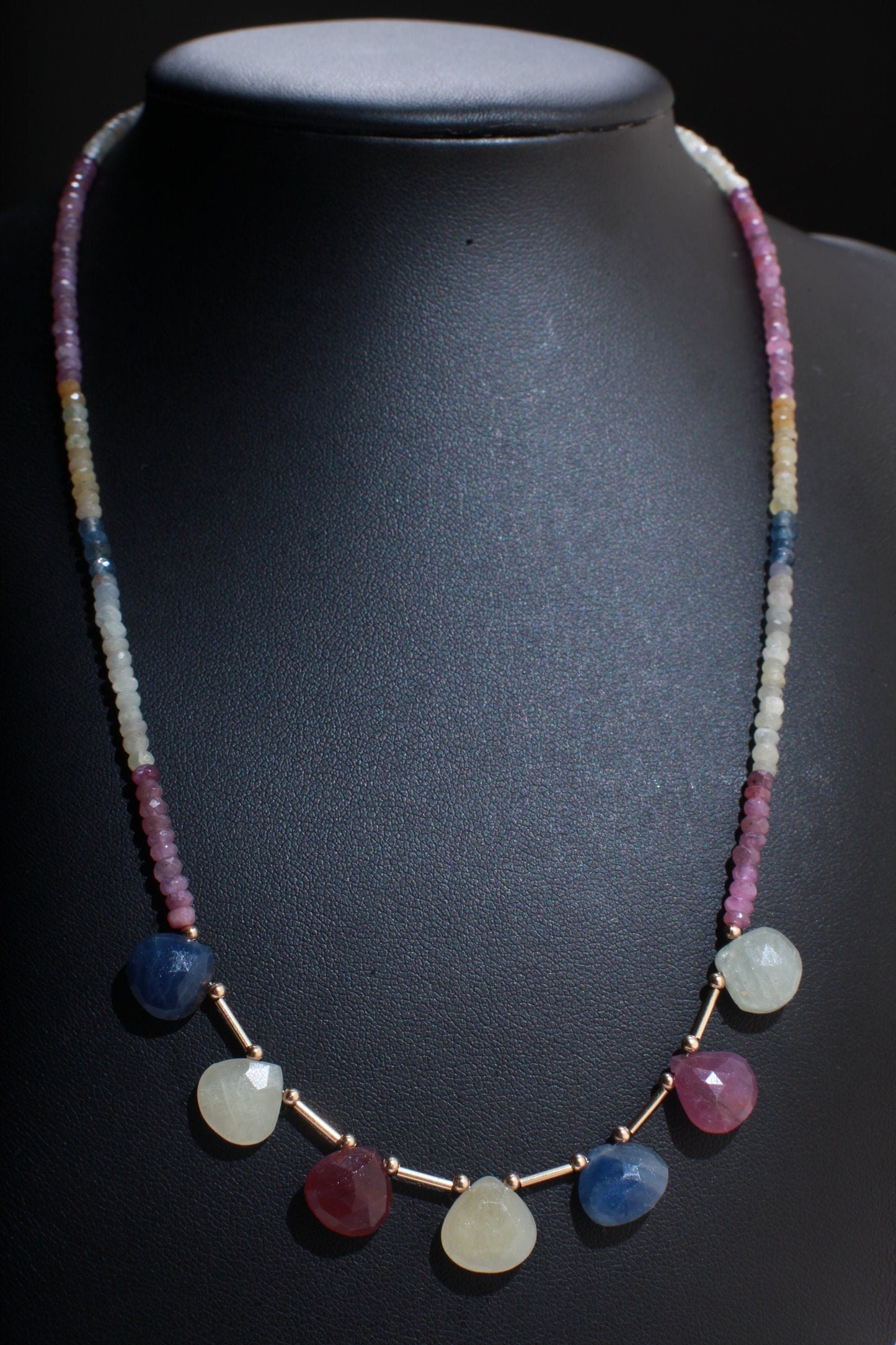 Natural Multi Sapphire heart Teardrop with 4mm Multi Sapphire roundel , 14K Liquid Gold Filled Tube, Spacer & Clasp 16”- 30”Necklace