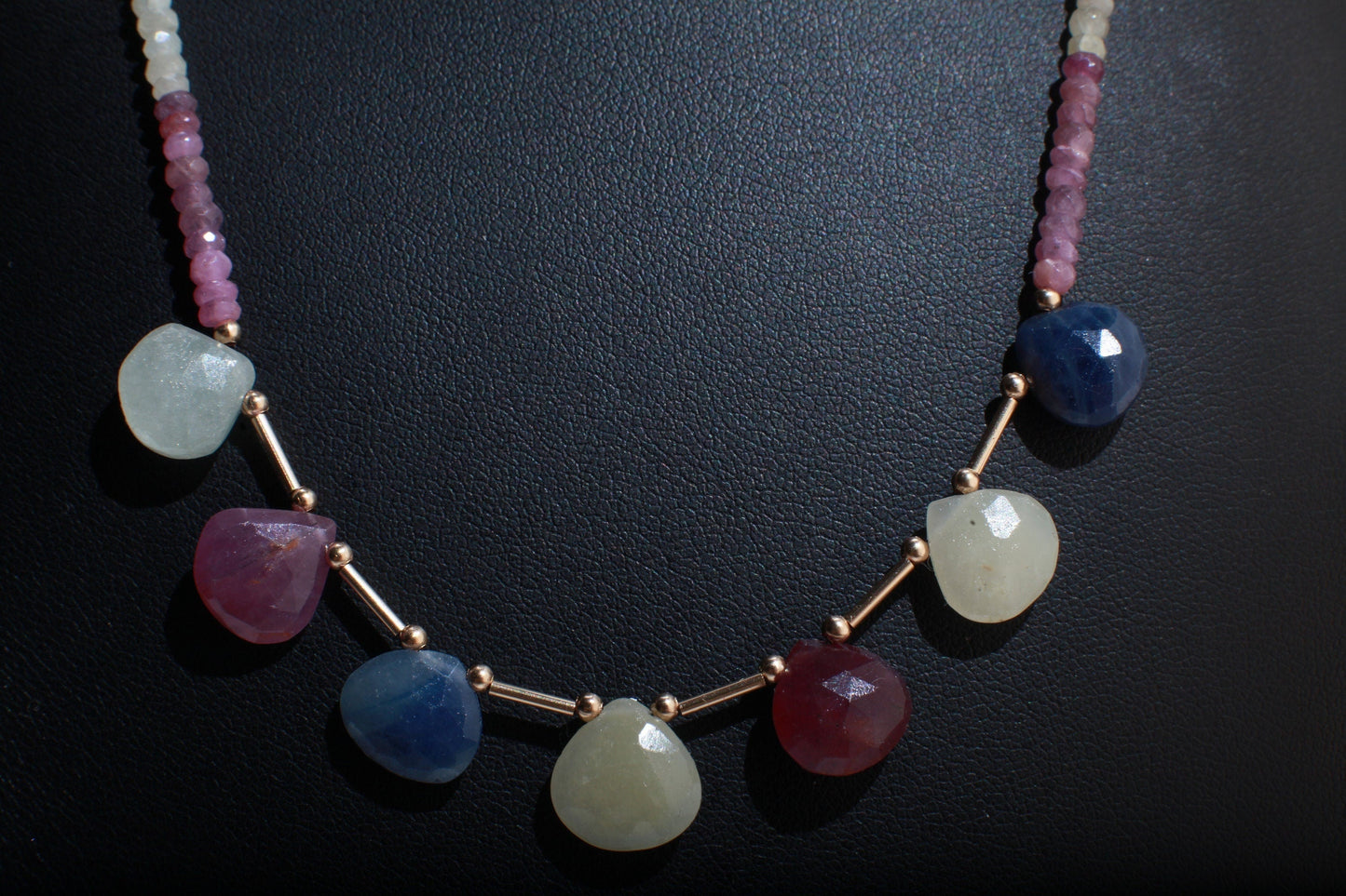 Natural Multi Sapphire heart Teardrop with 4mm Multi Sapphire roundel , 14K Liquid Gold Filled Tube, Spacer & Clasp 16”- 30”Necklace