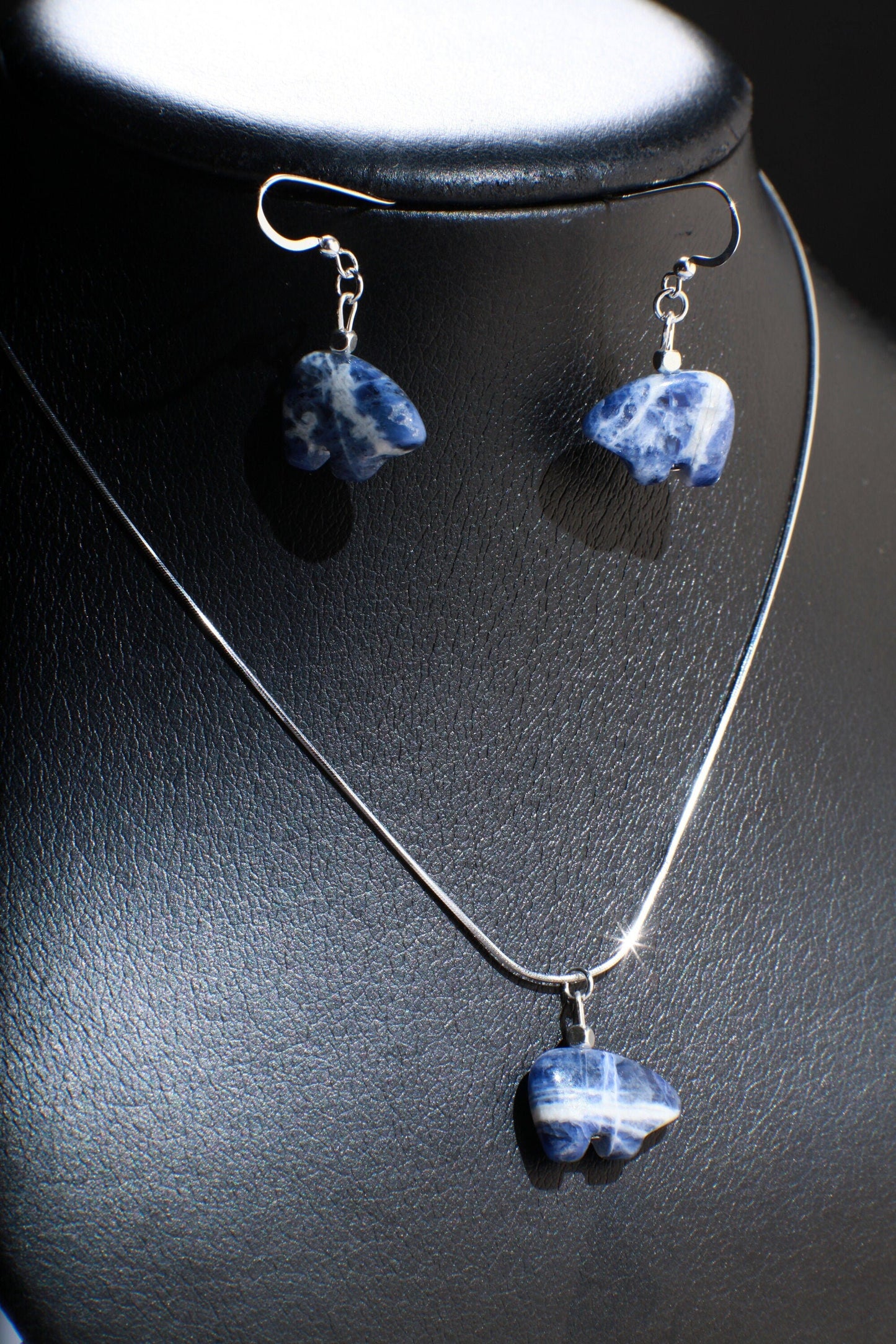 Sodalite Zuni Bear Earrings Necklace, Natural Brazilian Sodalite Zuni Bear Gemstone Necklace and Earrings Set Vintage Sterling Silver 16"