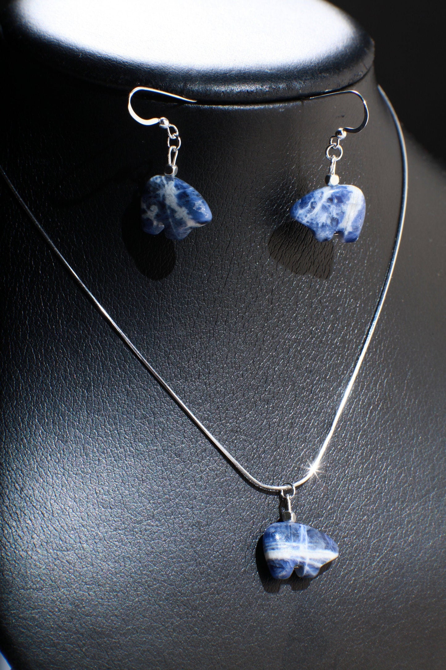 Sodalite Zuni Bear Earrings Necklace, Natural Brazilian Sodalite Zuni Bear Gemstone Necklace and Earrings Set Vintage Sterling Silver 16"