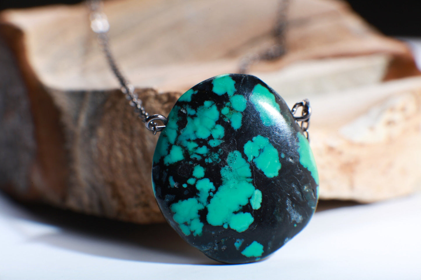 Genuine Tibetan Spiderweb Turquoise Double Sided Free Form Oval Pendant in Oxidized Silver Cable Chain 18.5" +2" Extension, Gift For Her