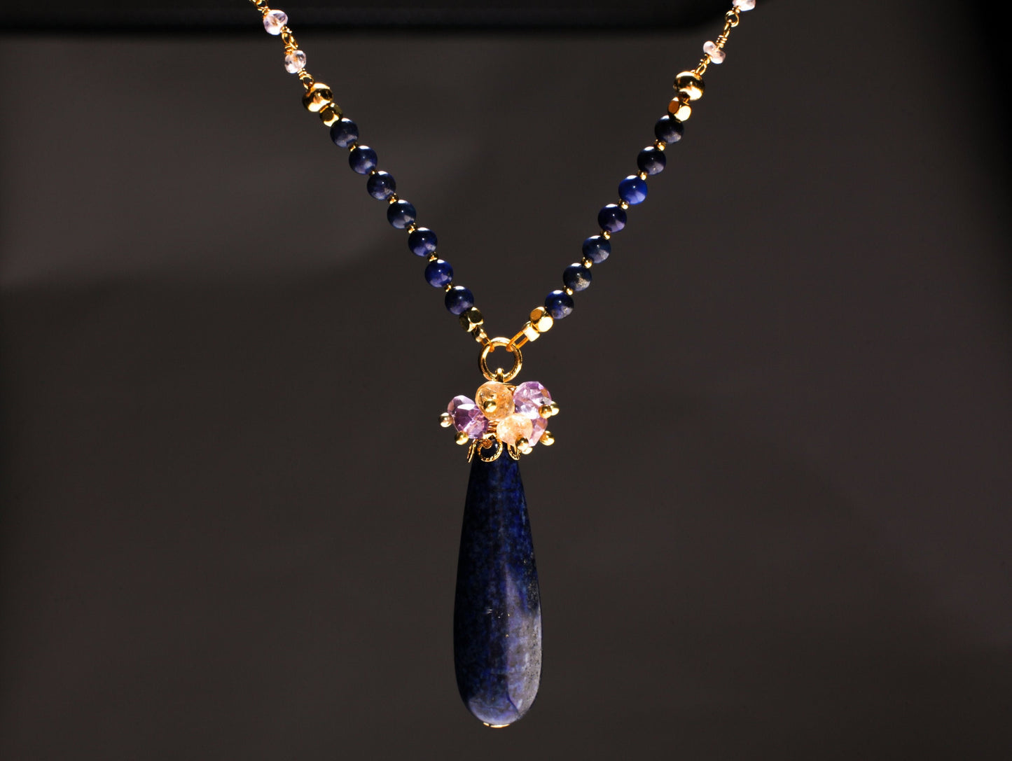 Genuine Lapis Lazuli Long Briolette Drop 12x39mm Pendant with Amethyst,Citrine Wire Wrapped Cluster,4mm Lapis, Ametrine beaded Chain 21"