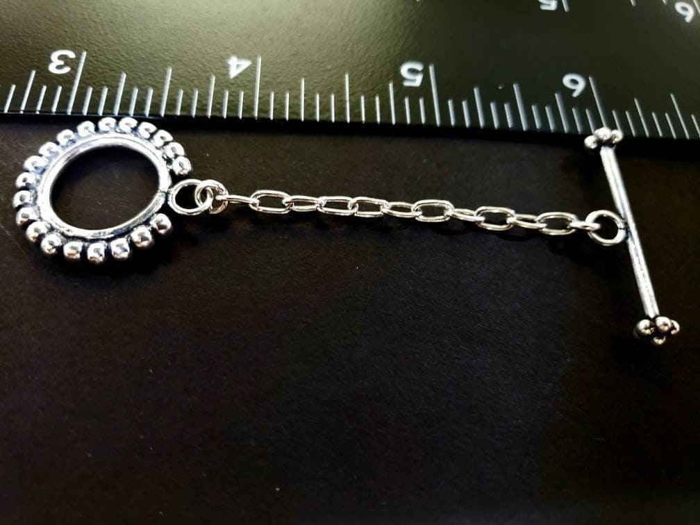 925 sterling silver Bali 22mm fancy toggle clasp, 2" adjustable chain, handmade vintage, heavy weight clasp for jewelry making, 1 set