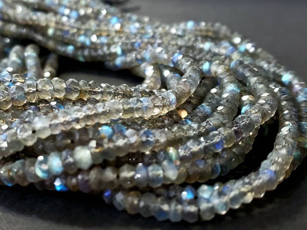 Natural Labradorite Blue Flash 4-4.5mm and 3-3.5mm Faceted Rondelle For Jewelry Making,DIY, Healing Gemstones 6.” and 12.25" St