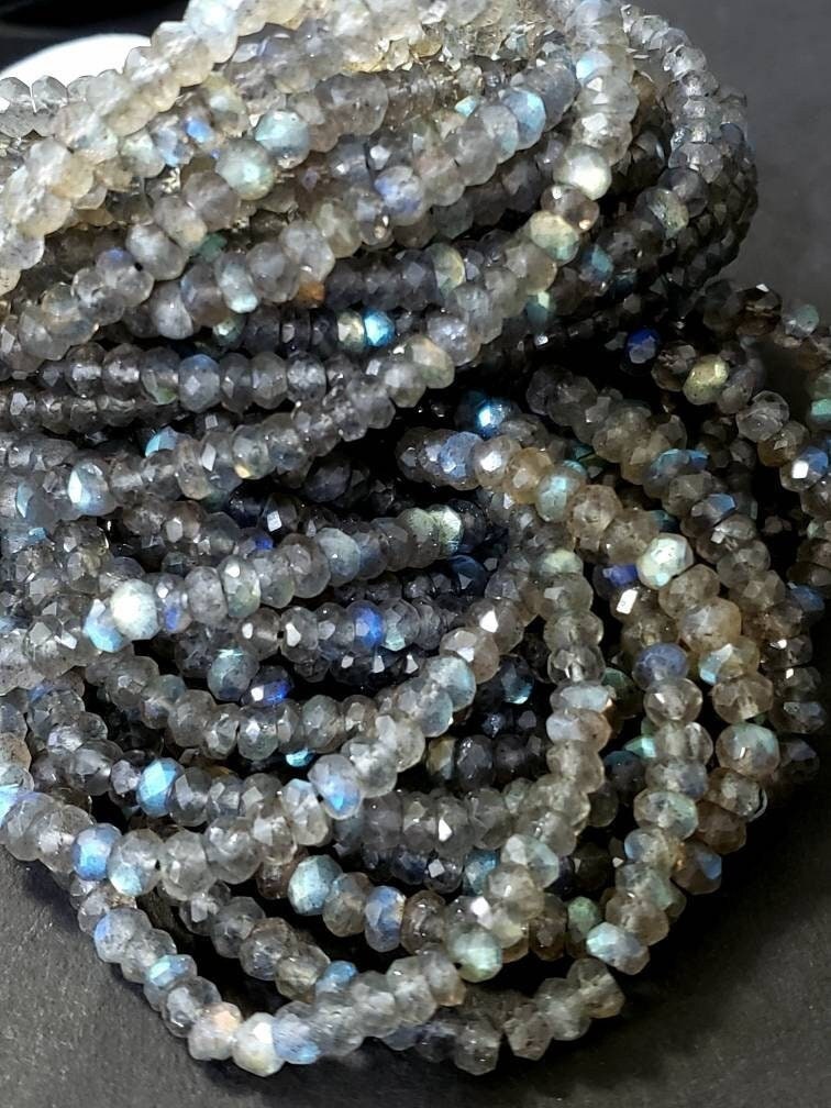 Natural Labradorite Blue Flash 4-4.5mm and 3-3.5mm Faceted Rondelle For Jewelry Making,DIY, Healing Gemstones 6.” and 12.25" St