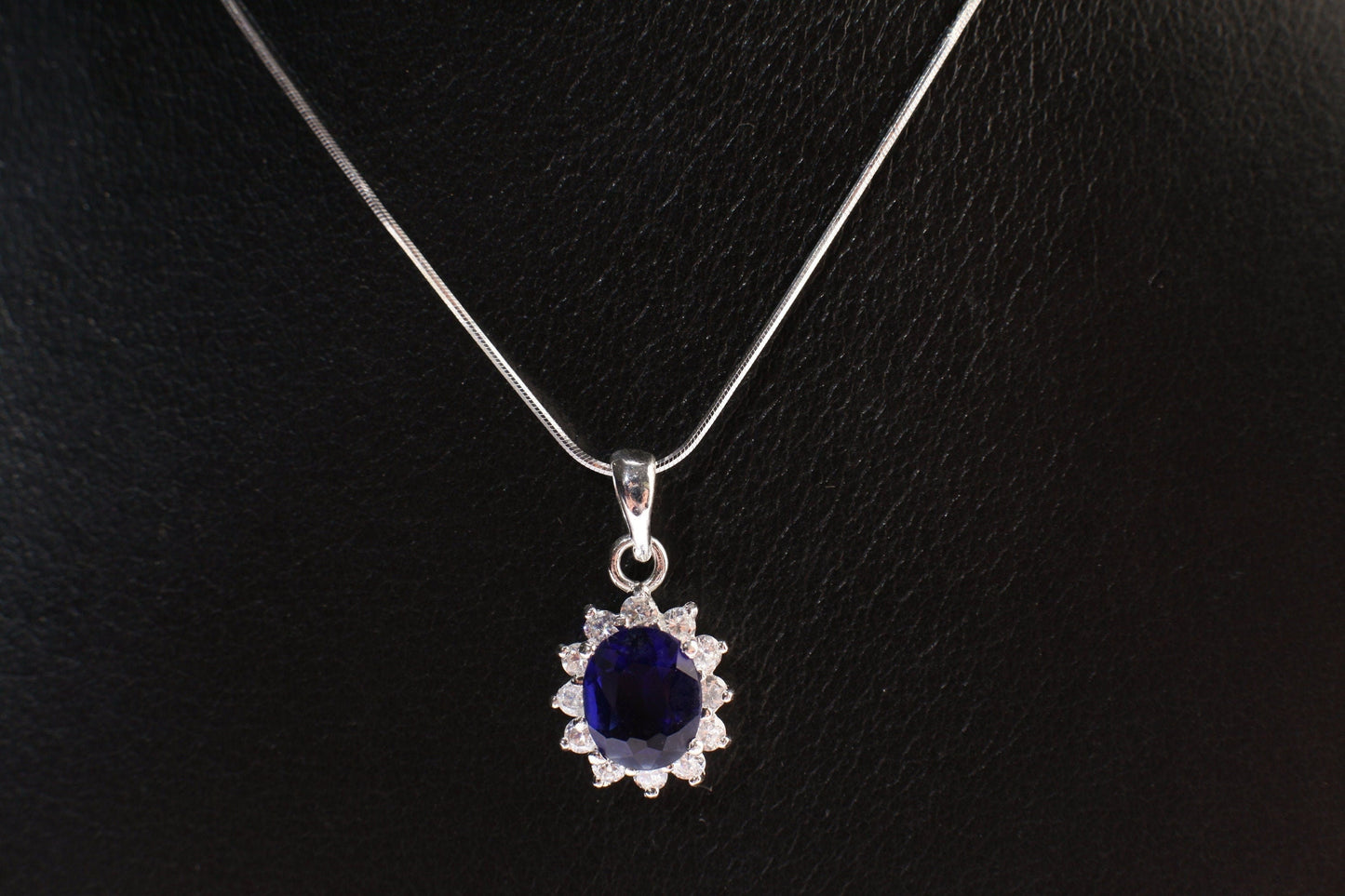 Cubic Zirconia Sapphire Oval 13x18mm Pendant 925 Sterling Silver , Deep Blue CZ Diamond Style, Italian Sterling Silver Chain,Gift