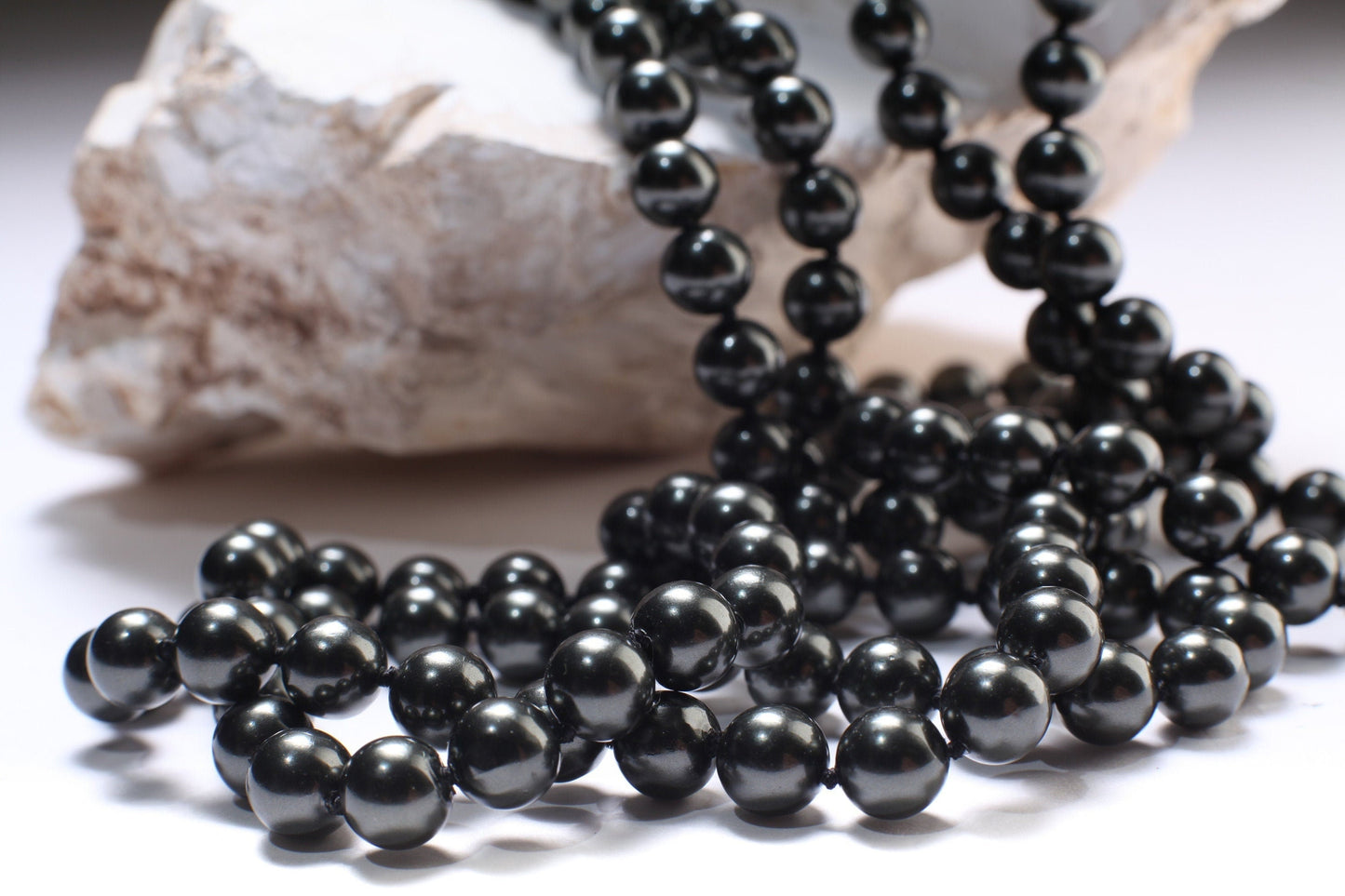 64" Hand Knotted black South Seashell Pearl 8mm Round Beads Statement Black Long Double, Triple Layers Necklace 174 Pcs