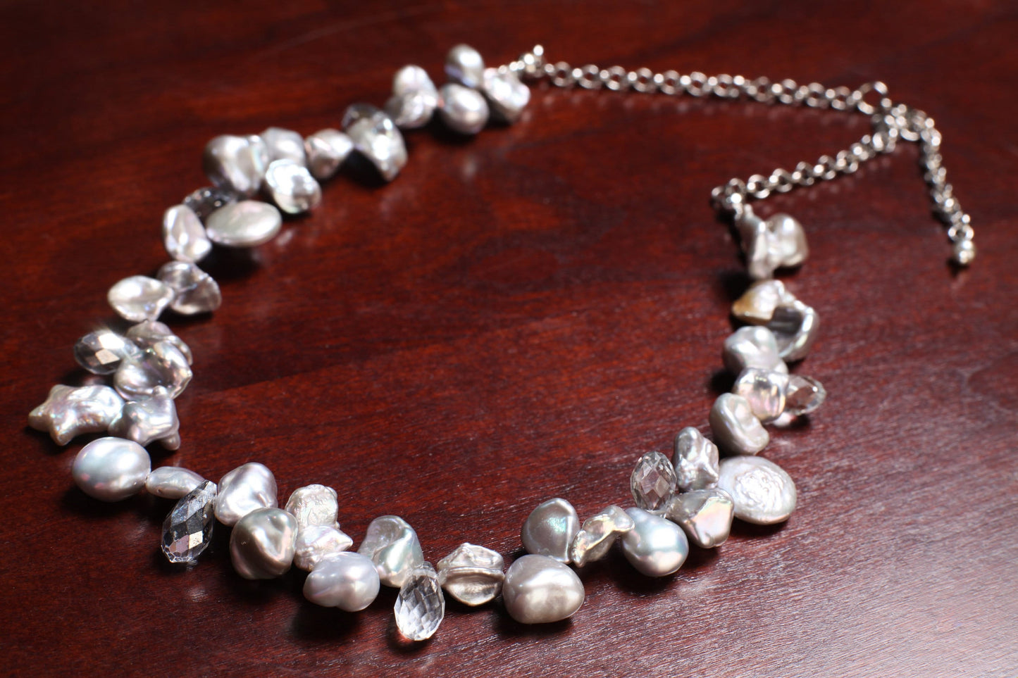 Natural Freshwater Gray silver Keshi Pearl High Luster Pearl with Crystal Spacers 16" Necklace with 4" Extension