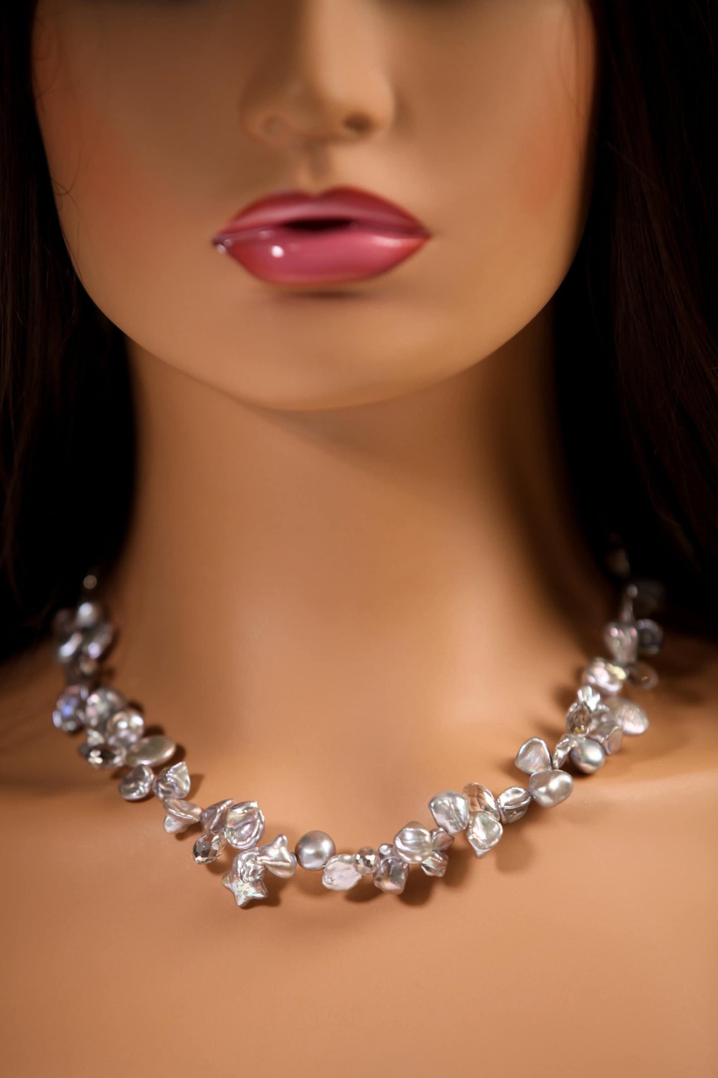 Natural Freshwater Gray silver Keshi Pearl High Luster Pearl with Crystal Spacers 16" Necklace with 4" Extension