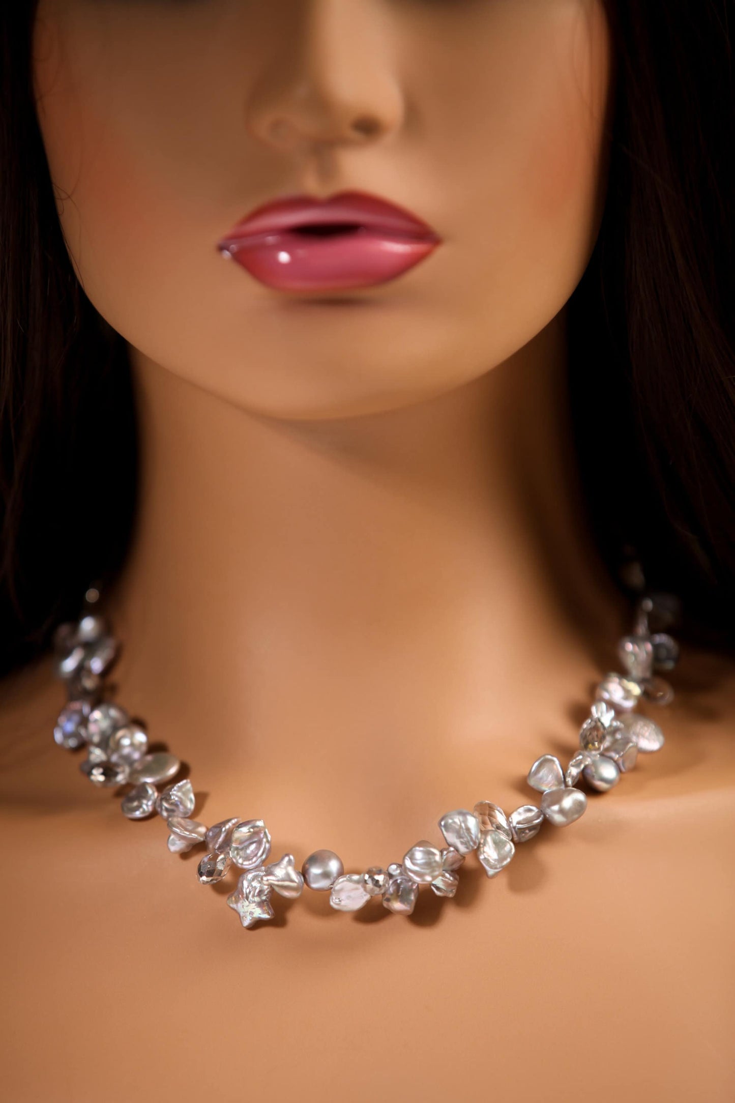 Natural Freshwater Gray silver Keshi Pearl High Luster Pearl with Crystal Spacers 16" Necklace with 4" Extension