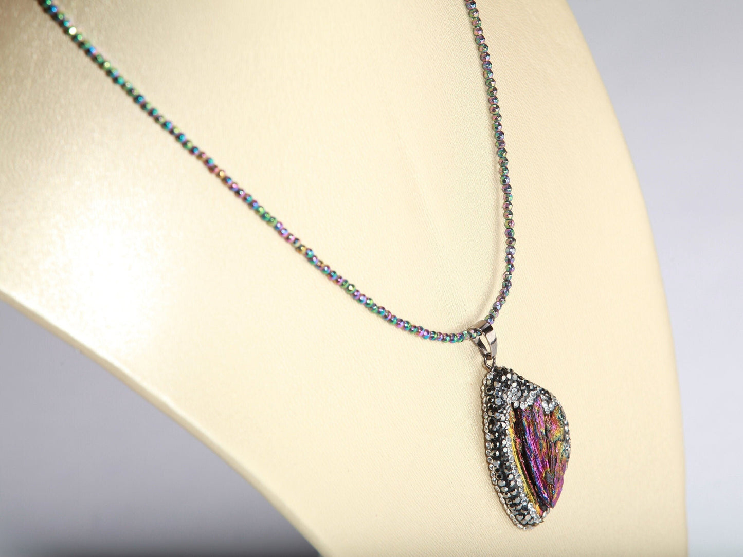 Raw Tourmaline electro coated , Rhinestones around Pendant, tiny rainbow hematite handmade necklace 15", 18", 20 chocker , Magnetic clasp