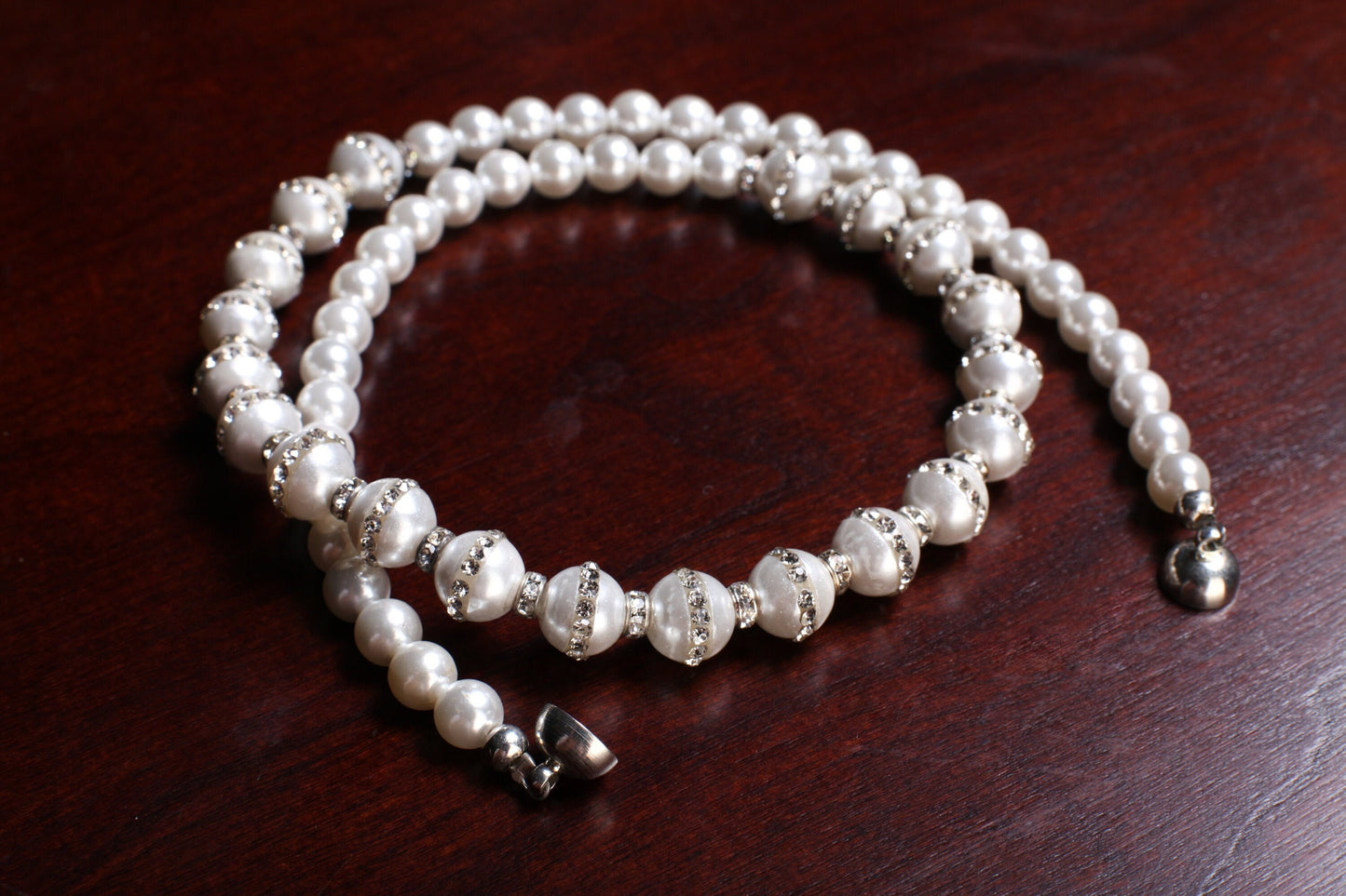 South Sea Shell Pearl Smooth Round and Rhinestone Pearl Beads White Necklace, Bridal with Magnetic Closure, Gift for Her