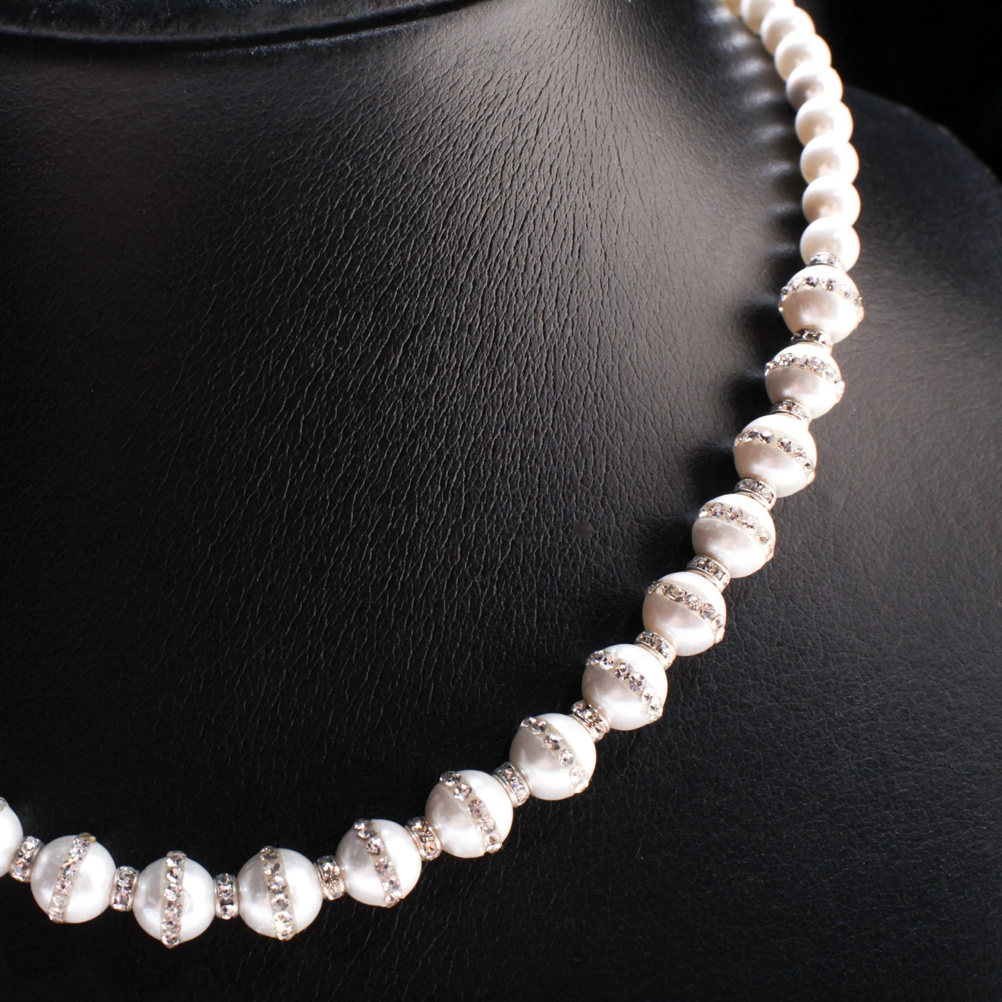 South Sea Shell Pearl Smooth Round and Rhinestone Pearl Beads White Necklace, Bridal with Magnetic Closure, Gift for Her