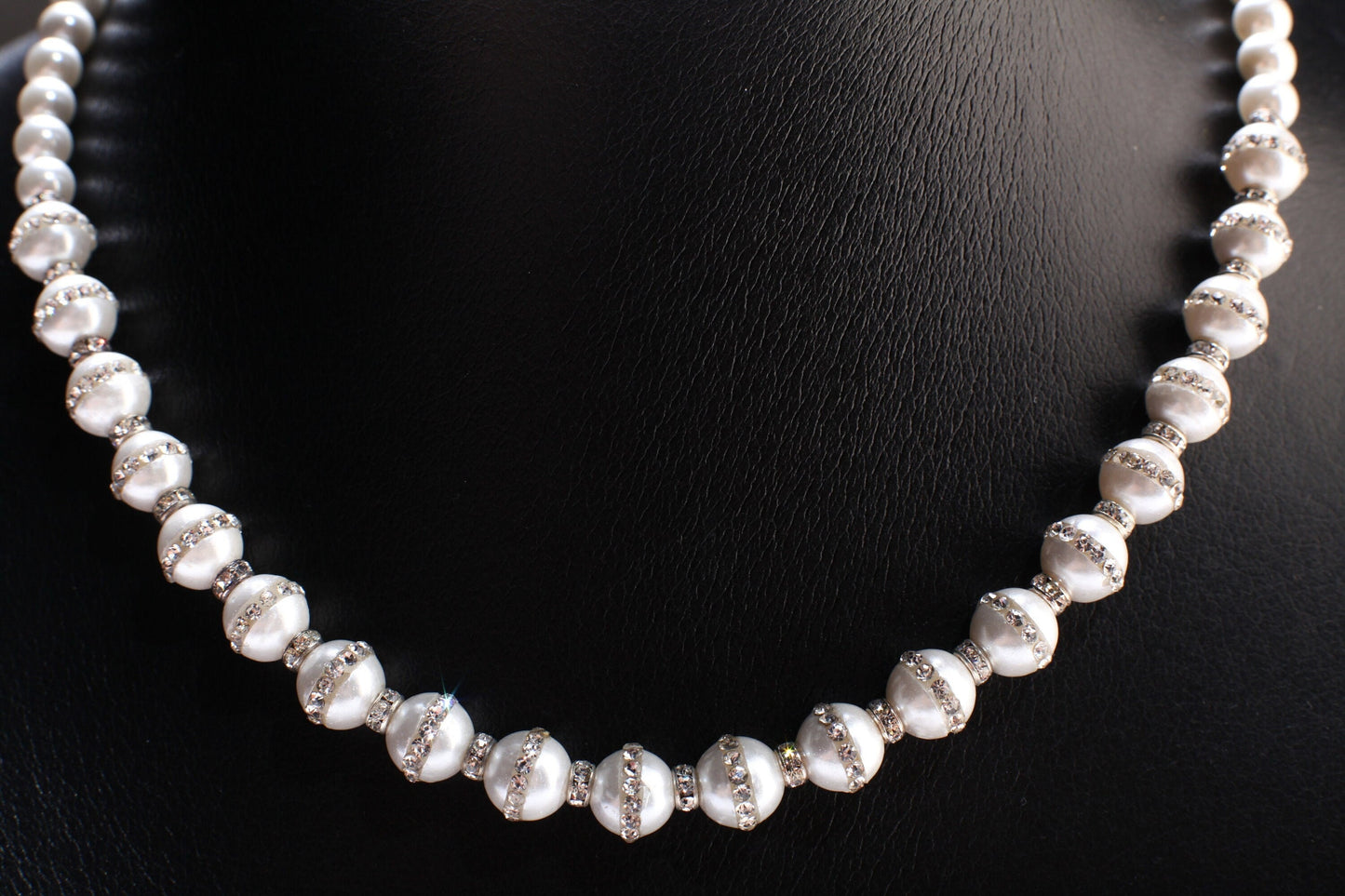 South Sea Shell Pearl Smooth Round and Rhinestone Pearl Beads White Necklace, Bridal with Magnetic Closure, Gift for Her