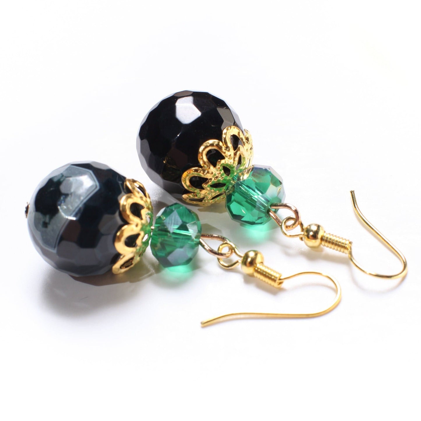 Banded Agate 14mm Faceted Round With Gold Bali style Spacer Beads, Greenish Agate 18" Necklace, 2" Extension, Matching Earrings Jewelry Set