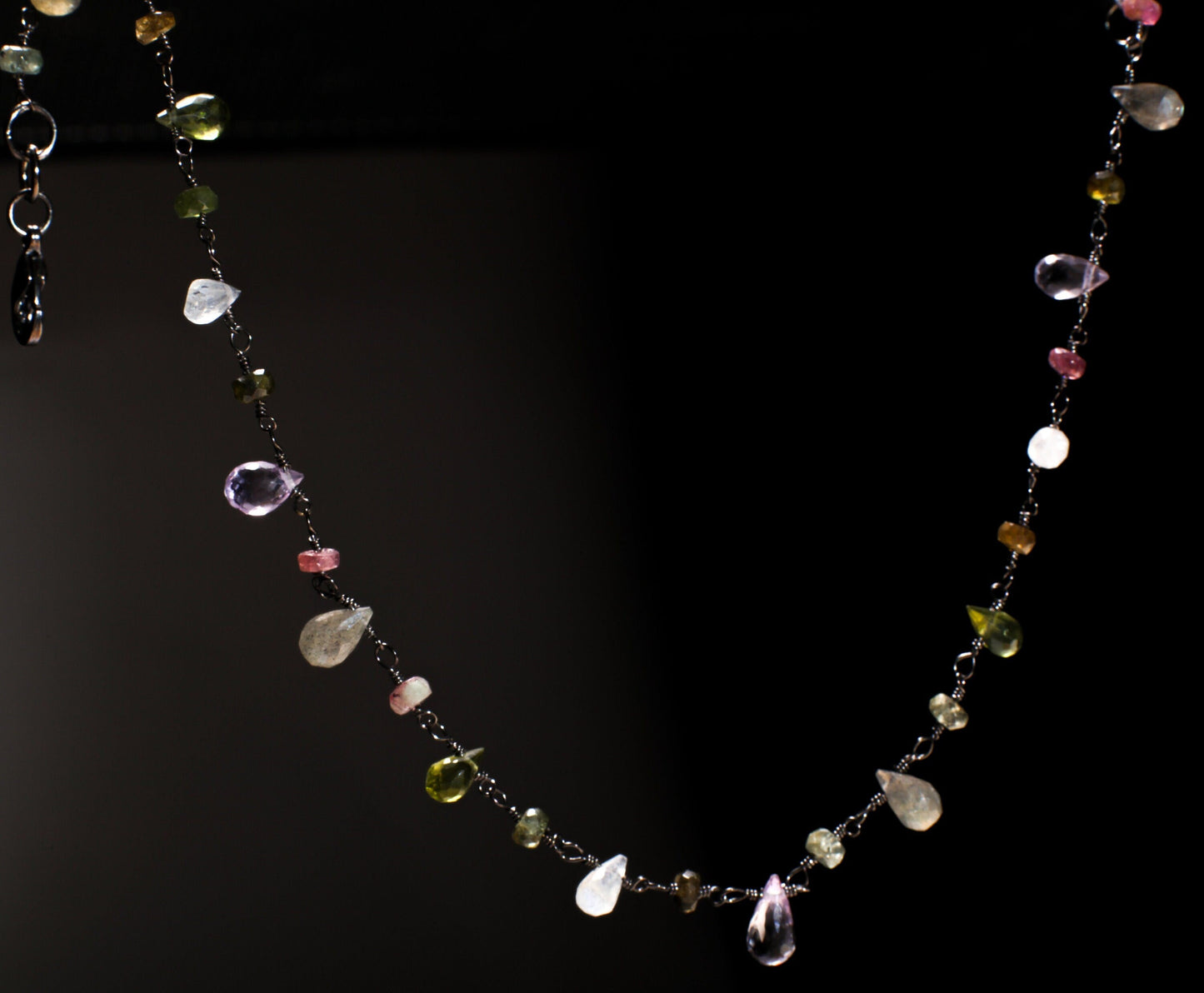 Multi Gemstone Faceted Briolette Rondelle Wire Wrapped Oxidized Silver Necklace, Peridot, Labradorite, Moonstone, Tourmaline, Pink Amethyst