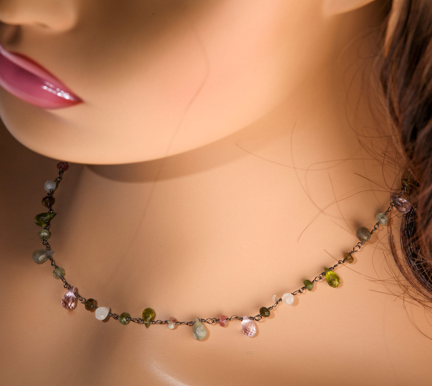 Multi Gemstone Faceted Briolette Rondelle Wire Wrapped Oxidized Silver Necklace, Peridot, Labradorite, Moonstone, Tourmaline, Pink Amethyst