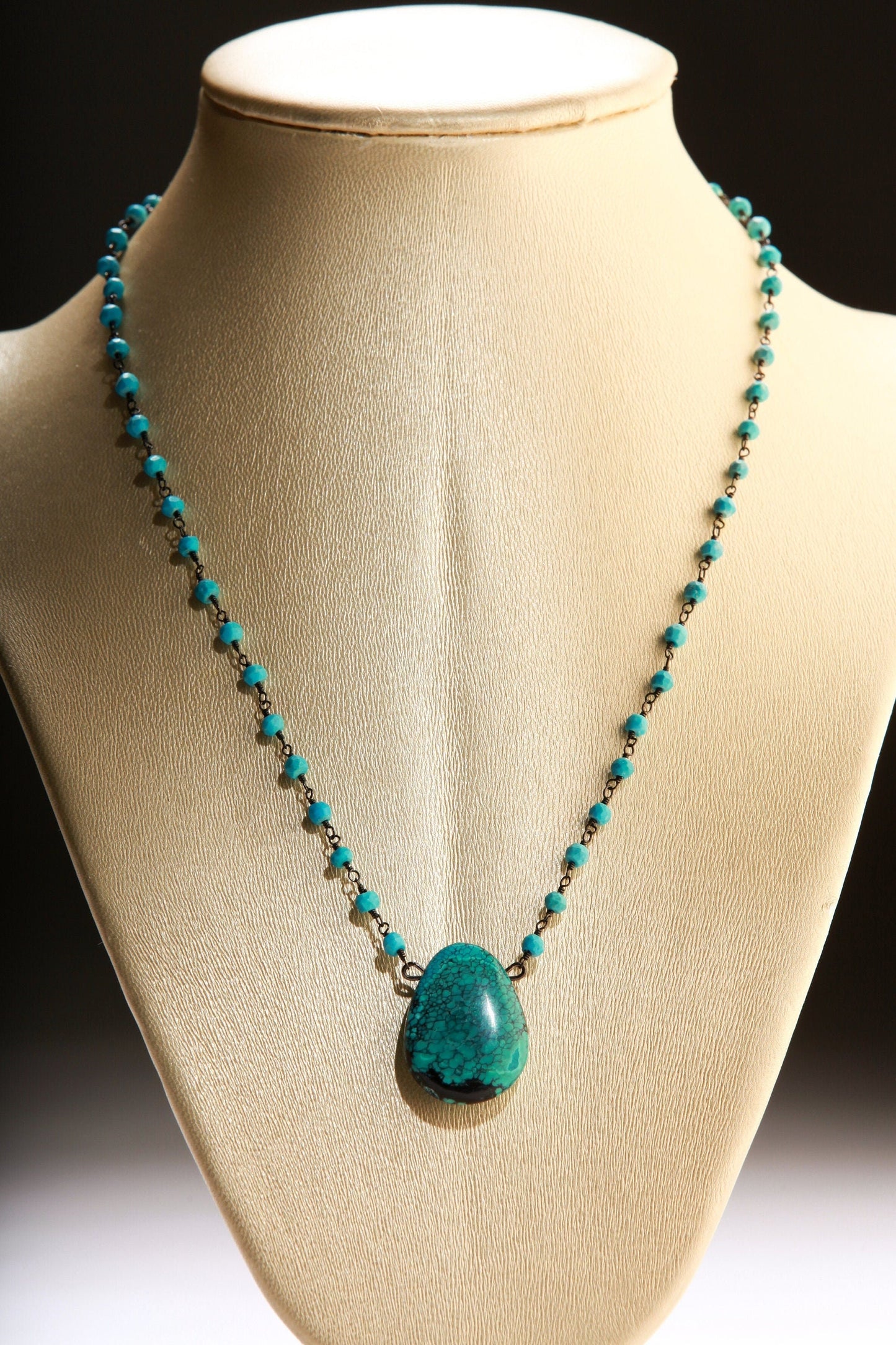Natural Tibetan Turquoise Matrix Teardrop Pendant with Turquoise Beaded 18" Black Oxidized Necklace