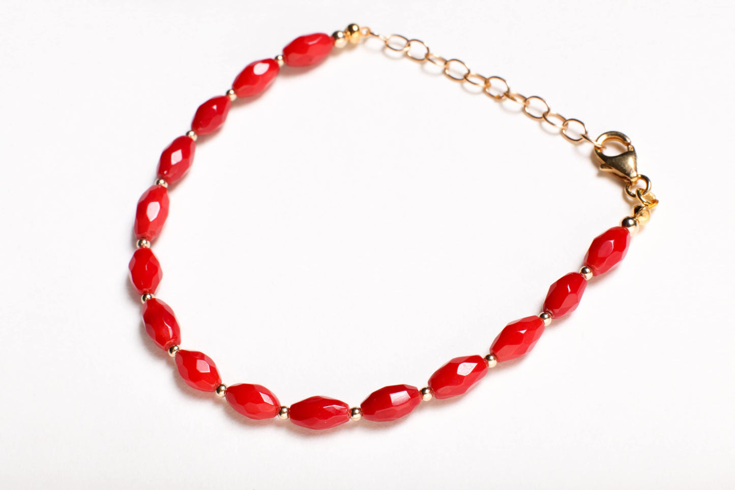 Bamboo Coral Faceted Rice Oval Genuine AAA Quality Bracelet with 14K Gold Filled Spacer and Clasp, 7" plus 1.5" Extender, good luck gift