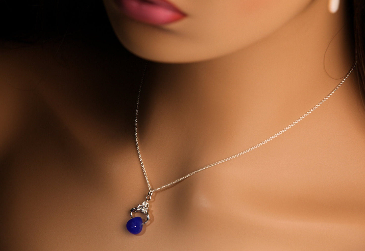 Natural Cobalt Blue Chalcedony Faceted Heart drop with 925 Sterling Silver Rhodium Pendant Dainty Cable Chain Necklace