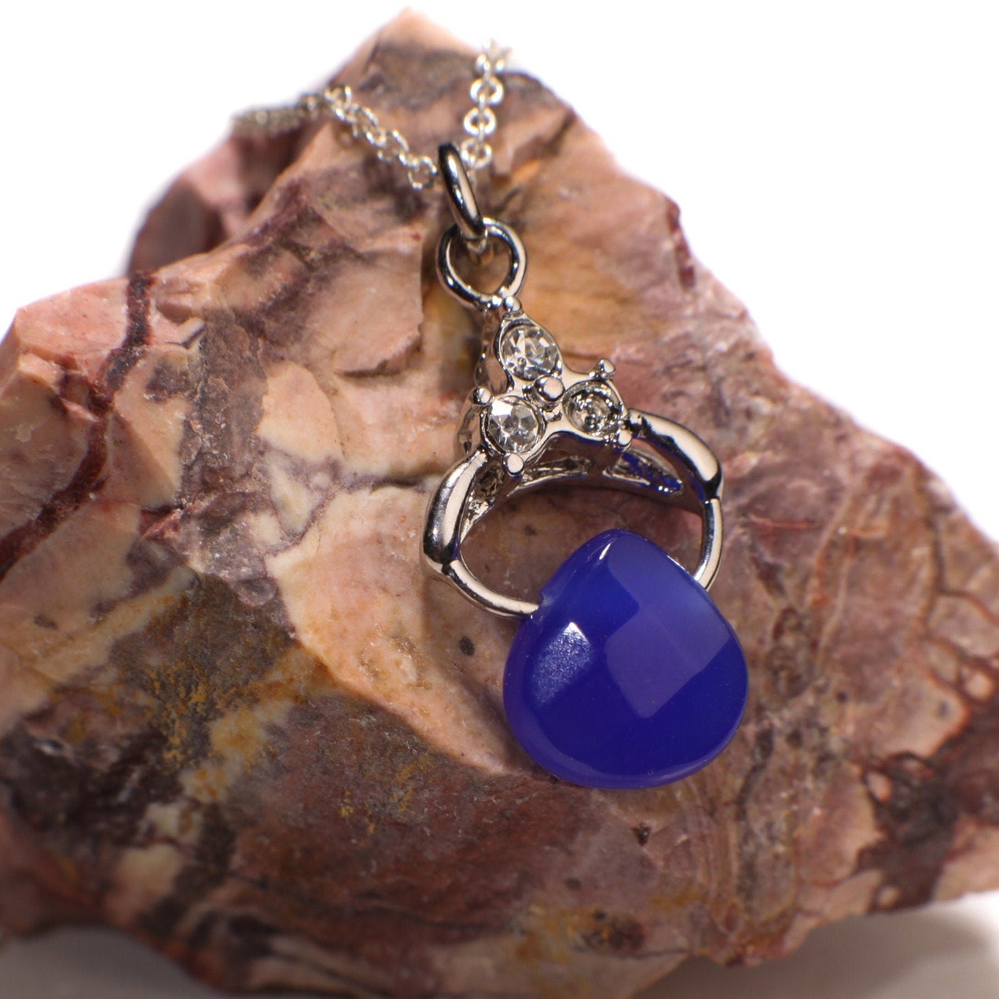 Natural Cobalt Blue Chalcedony Faceted Heart drop with 925 Sterling Silver Rhodium Pendant Dainty Cable Chain Necklace