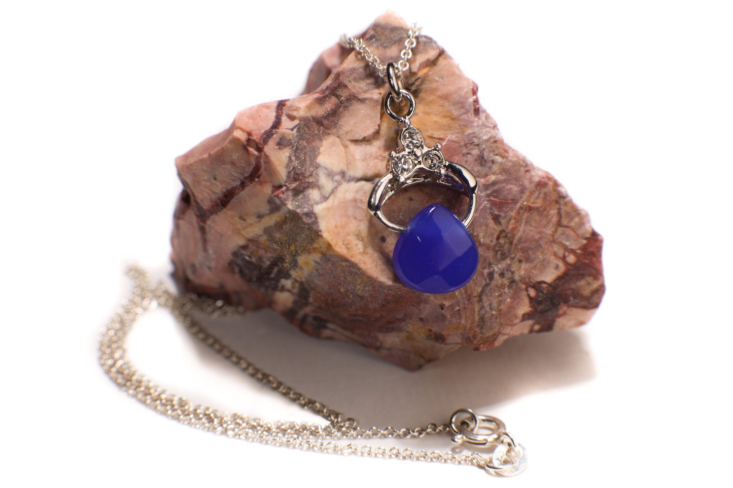 Natural Cobalt Blue Chalcedony Faceted Heart drop with 925 Sterling Silver Rhodium Pendant Dainty Cable Chain Necklace