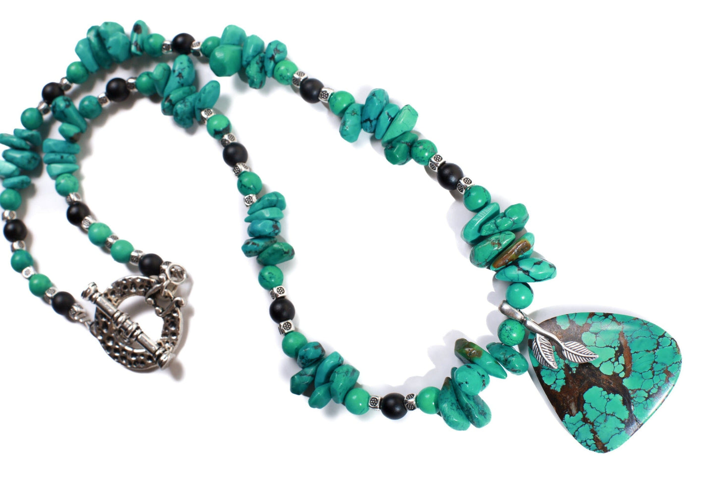 Natural AAA Tibetan Turquoise Spiderweb Matrix Briolette, Triangular Pendant in Sterling Silver Bail, 20" Necklace, Bali Style Toggle Clasp