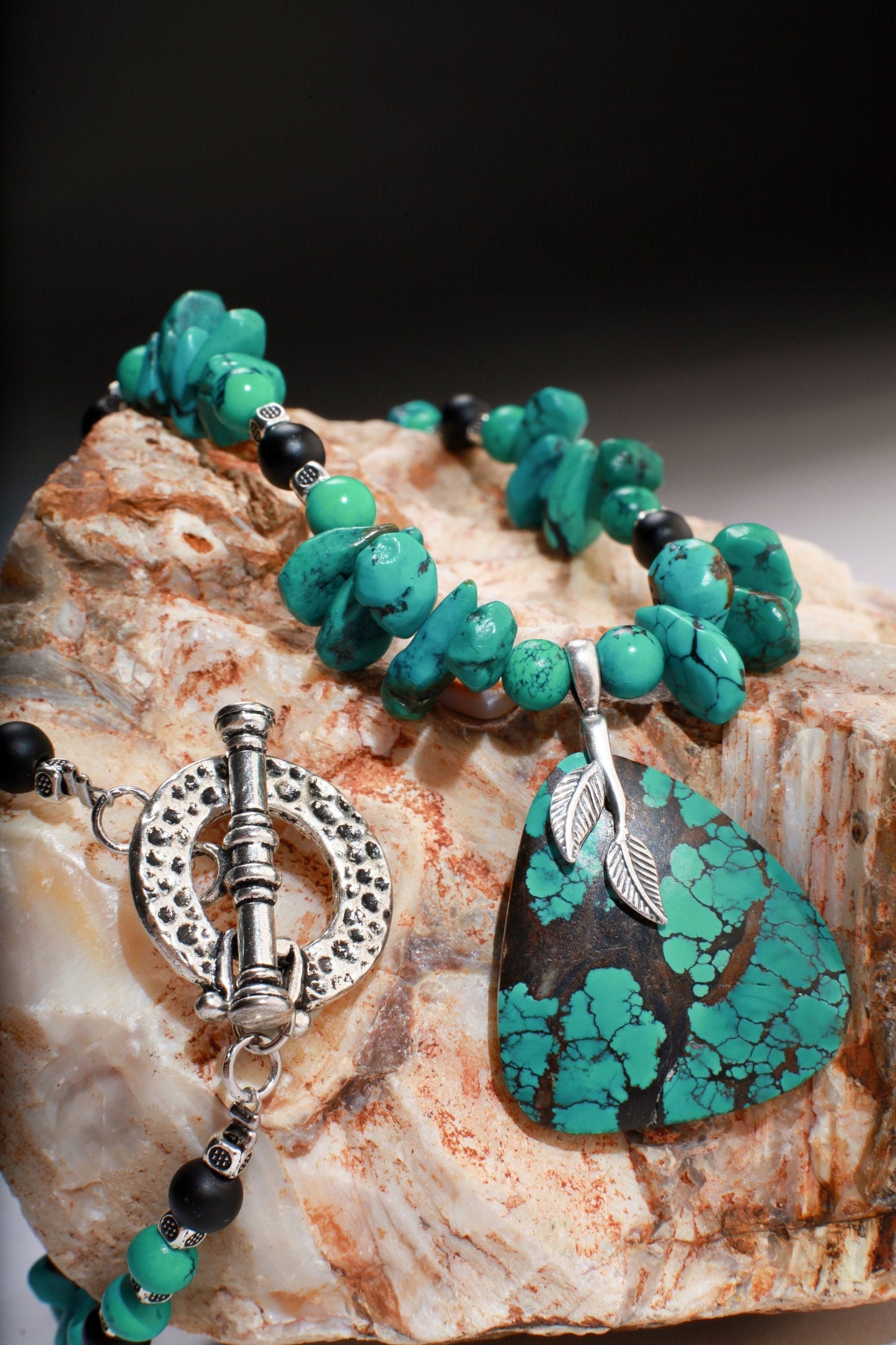 Natural AAA Tibetan Turquoise Spiderweb Matrix Briolette, Triangular Pendant in Sterling Silver Bail, 20" Necklace, Bali Style Toggle Clasp