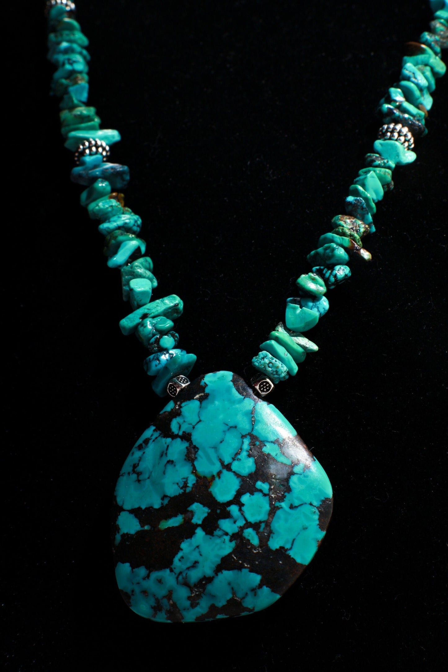 Natural AAA Tibetan Turquoise Spiderweb stunning Matrix Raw and Triangular 42mm Pendant with Fancy Lobster Clasp, 22.5" Necklace