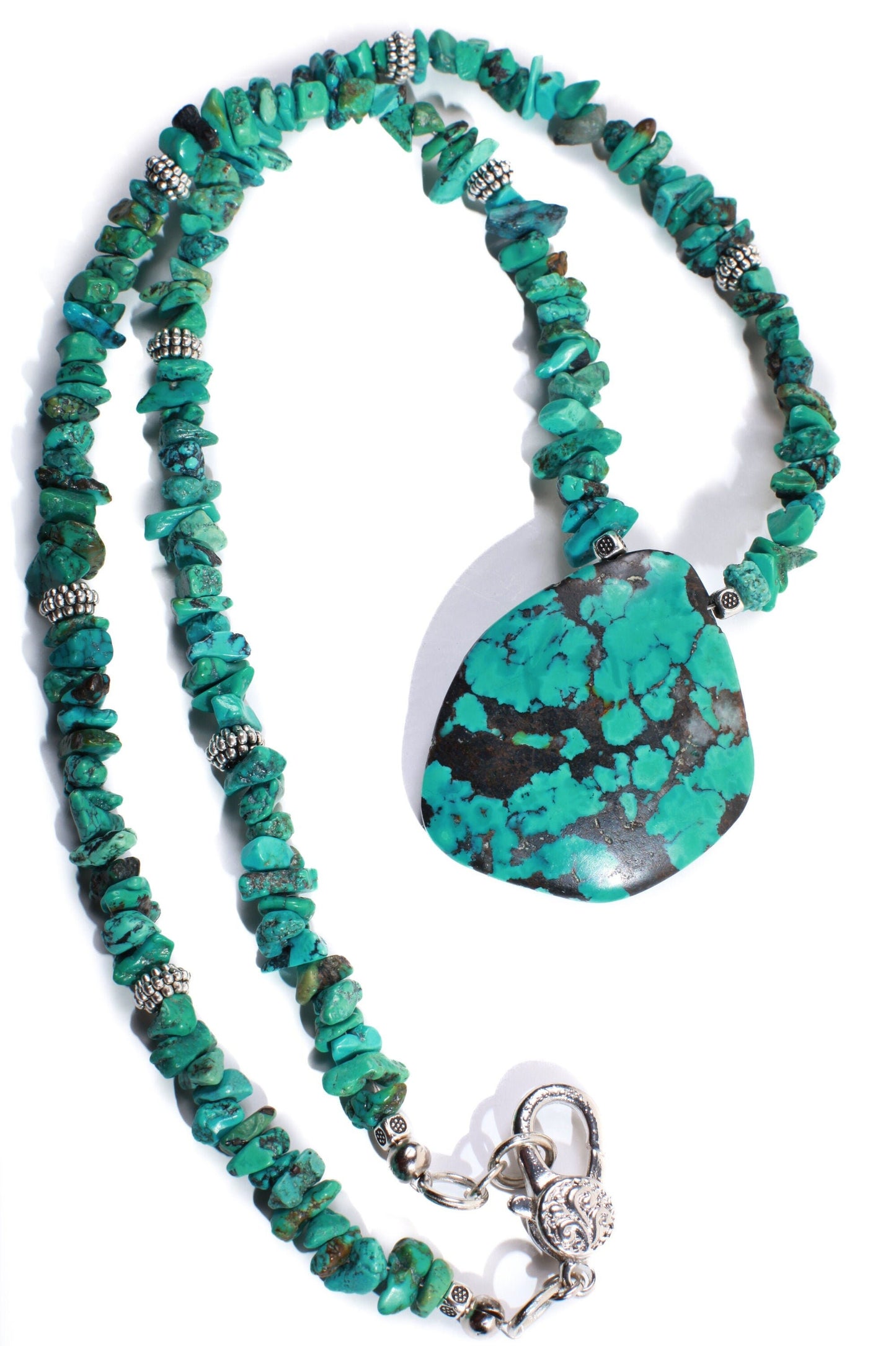 Natural AAA Tibetan Turquoise Spiderweb stunning Matrix Raw and Triangular 42mm Pendant with Fancy Lobster Clasp, 22.5" Necklace