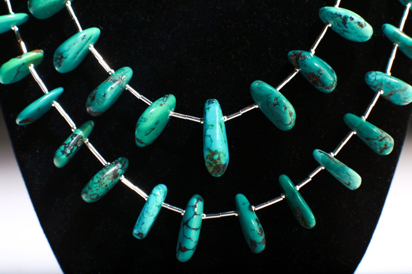 Natural Tibetan Turquoise Teardrop Necklace with 925 Sterling Silver Clasp and Liquid Silver 27" Double Layer Navajo Fetish Necklace