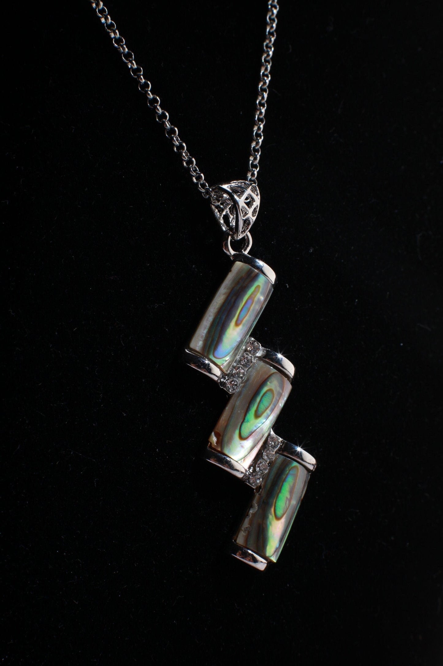 Abalone Shell Silver Bezel Zig Zag with Cubic Zirconia Charm Necklace Jewelry, Dainty Layering Paua Minimalist 18" Necklace