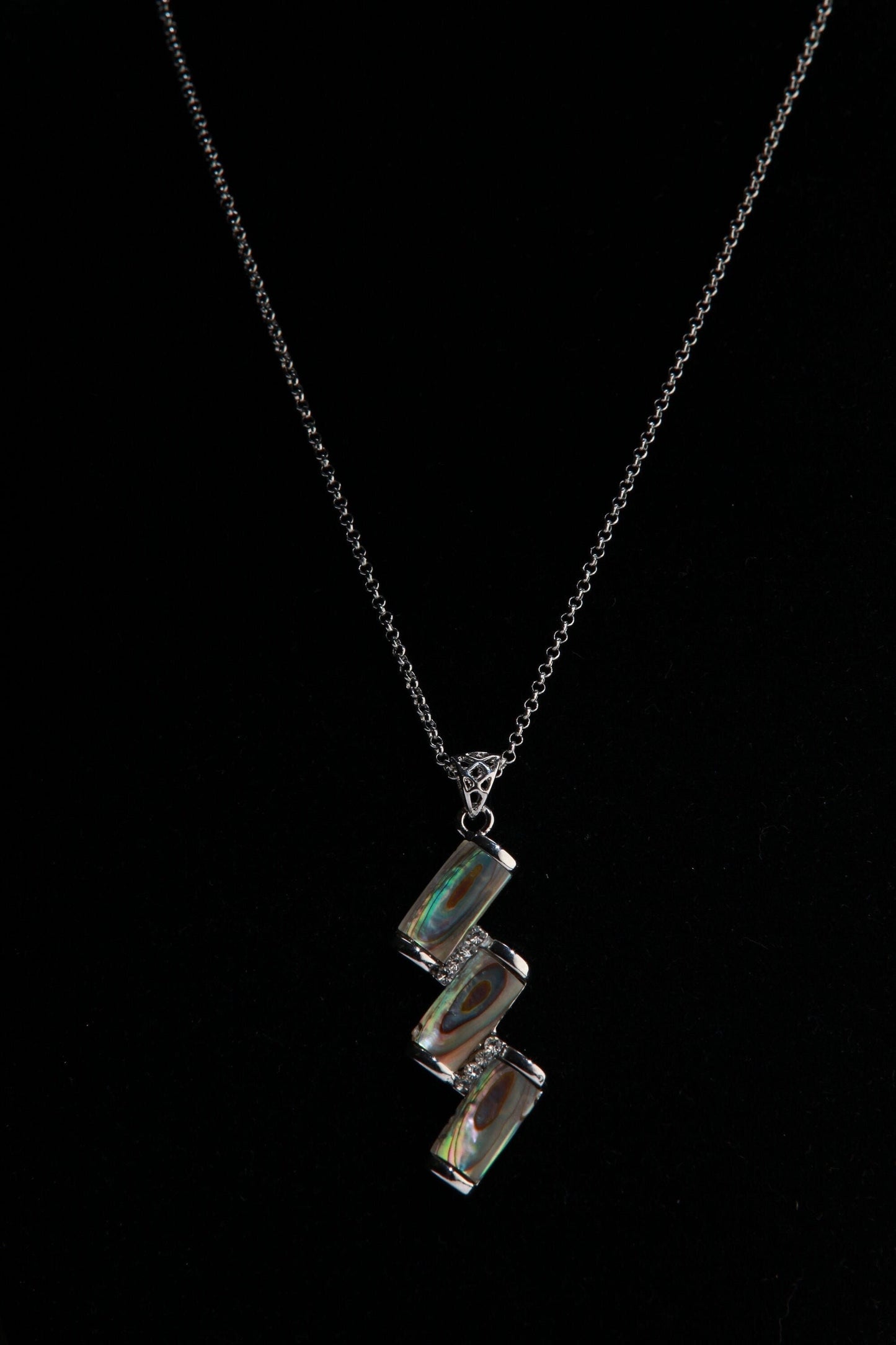 Abalone Shell Silver Bezel Zig Zag with Cubic Zirconia Charm Necklace Jewelry, Dainty Layering Paua Minimalist 18" Necklace