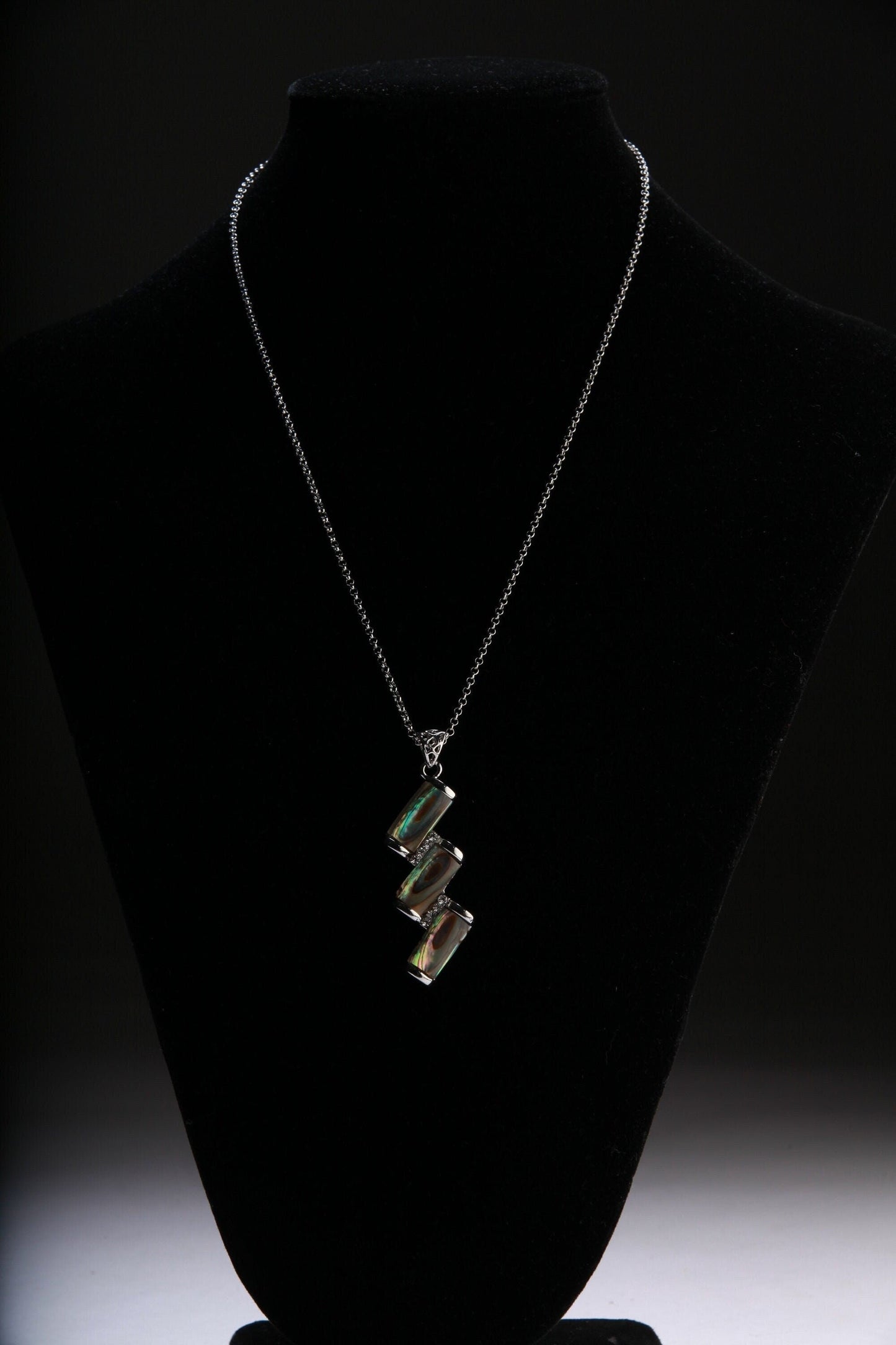 Abalone Shell Silver Bezel Zig Zag with Cubic Zirconia Charm Necklace Jewelry, Dainty Layering Paua Minimalist 18" Necklace