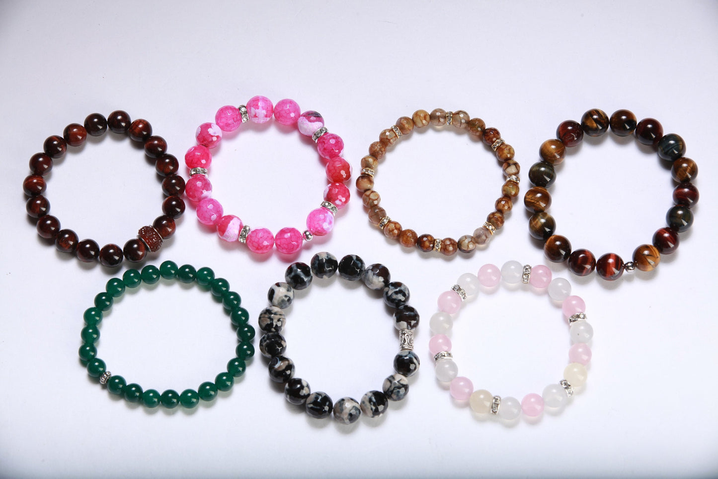 Fire Agate with Rhinestone Natural Gemstone, Crystal Stretchy Bracelet 7"