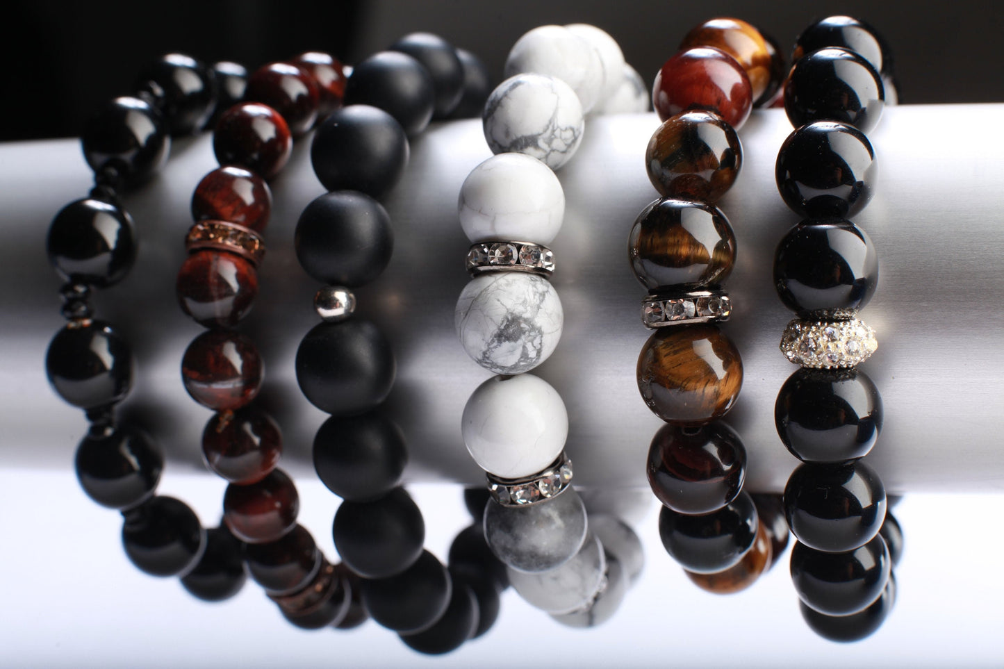 Black Onyx with Rhinestone Natural Gemstone, Healing, Yoga, Crystal Chakra Stretch Bracelet 8"