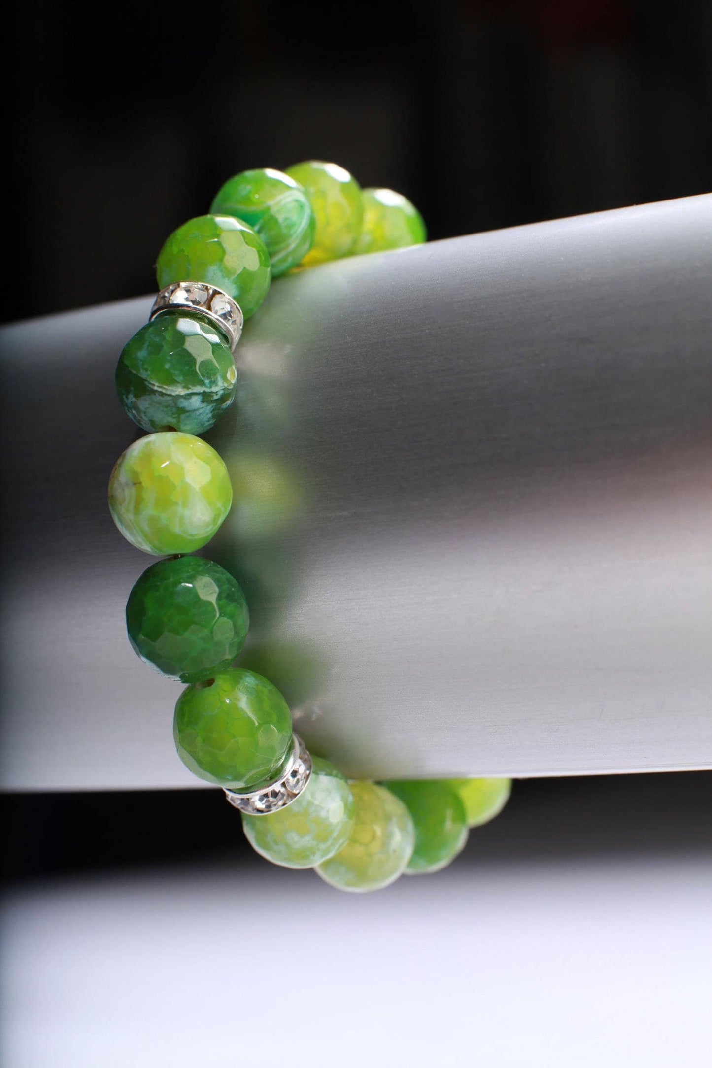 Fire Agate Rhinestone Natural Gemstone, Crystal Stretchy Bracelet 6"