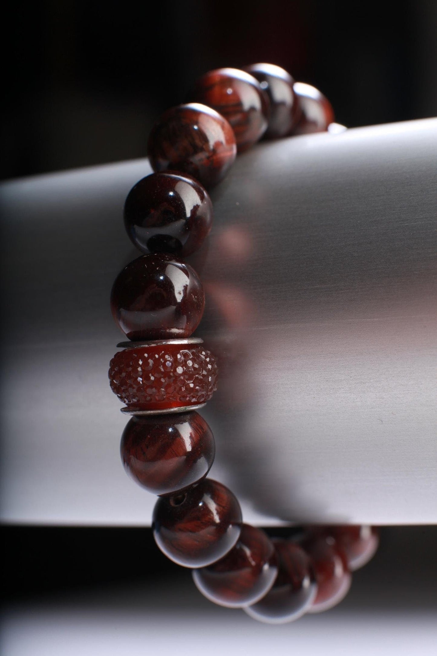 Red Tiger Eye with matching 1 piece Rhinestone roundel spacer Natural Gemstone, Crystal Stretchy Bracelet 7"