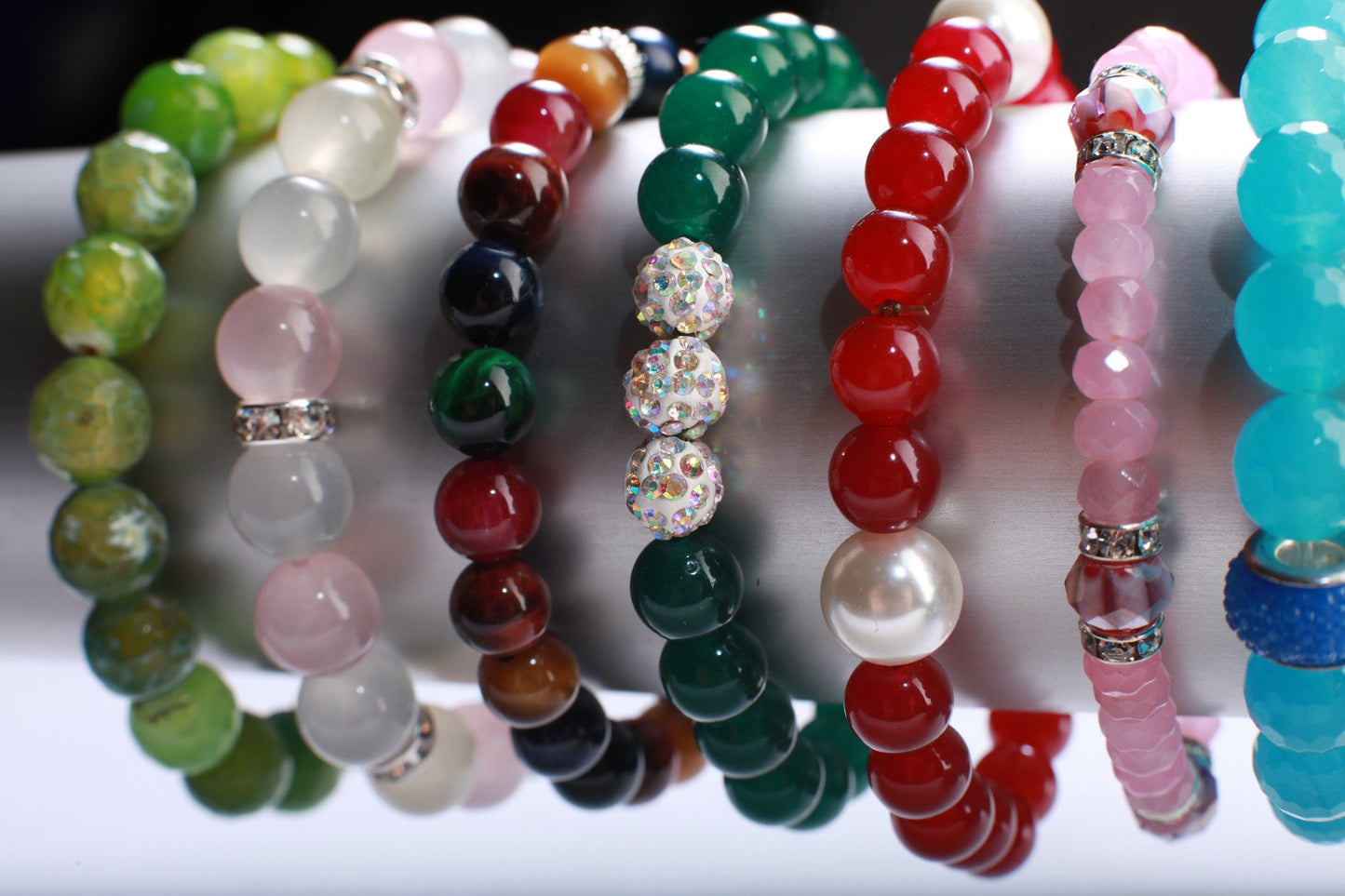 Green Onyx with Rhinestone Natural Gemstone, rhinestone snowball sparkle round spacer Stretchy Bracelet 6"-9.5", post is for green onyx only