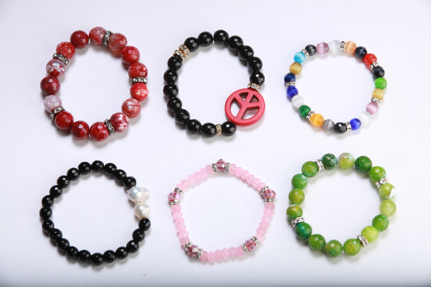 Cat's Eye Rhinestone Natural Gemstone, Crystal Stretchy Bracelet 6"