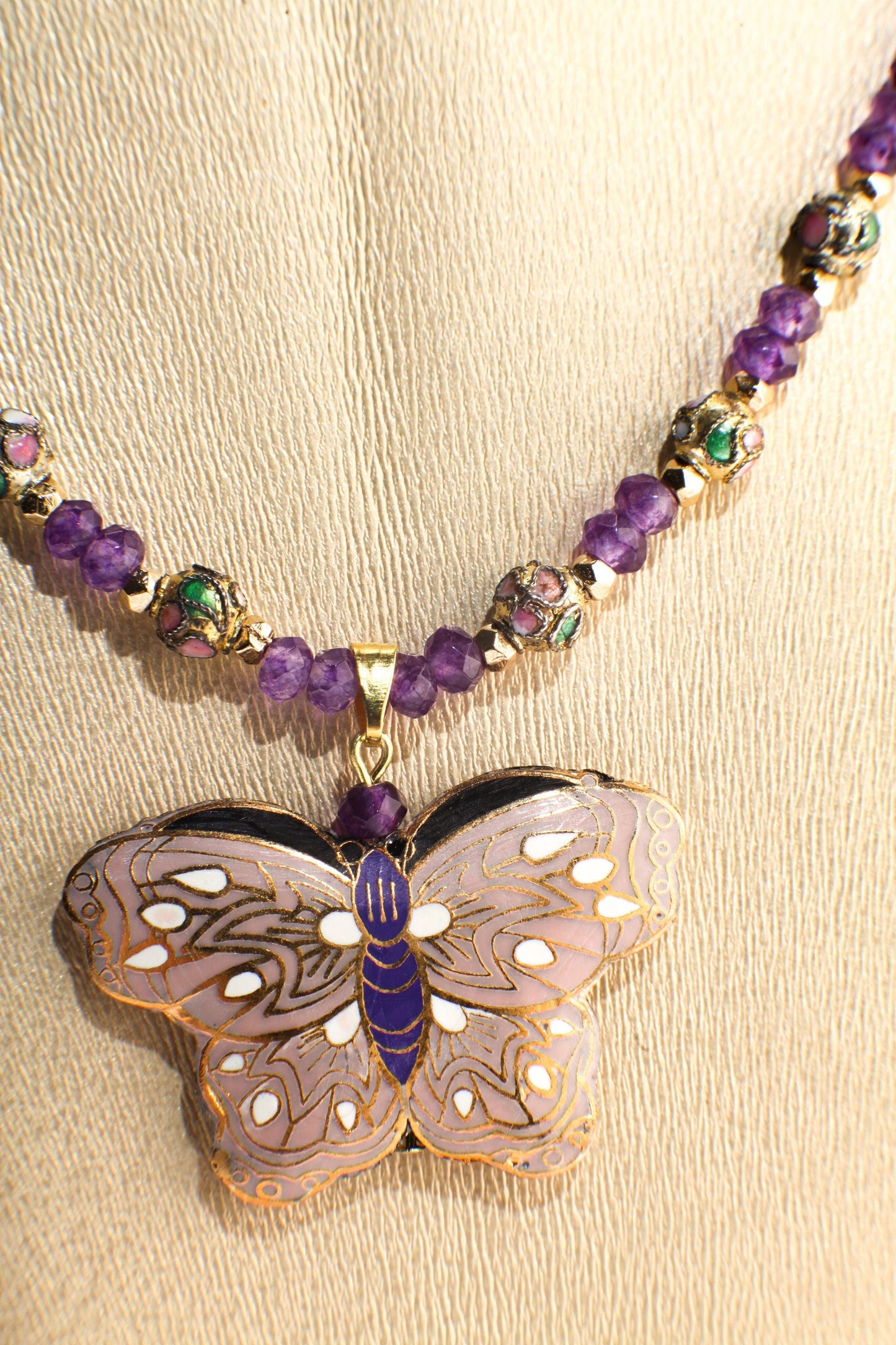 Traditional Cloisonné Pendant Double Sided Vintage Butterfly, Amethyst Faceted Rondelle 4mm, Cloisonne Spacer 19" Necklace with 2"Extension