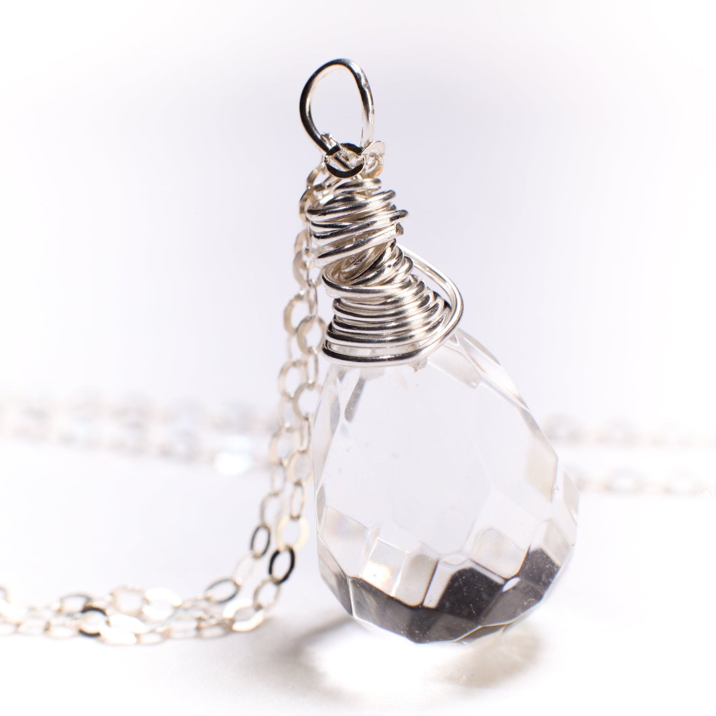 Natural Rock Crystal,Clear Quartz 12x17mm Faceted Briolette Drop Wire Wrapped Gemstone Pendant in 925 Sterling Silver Chain, necklace.