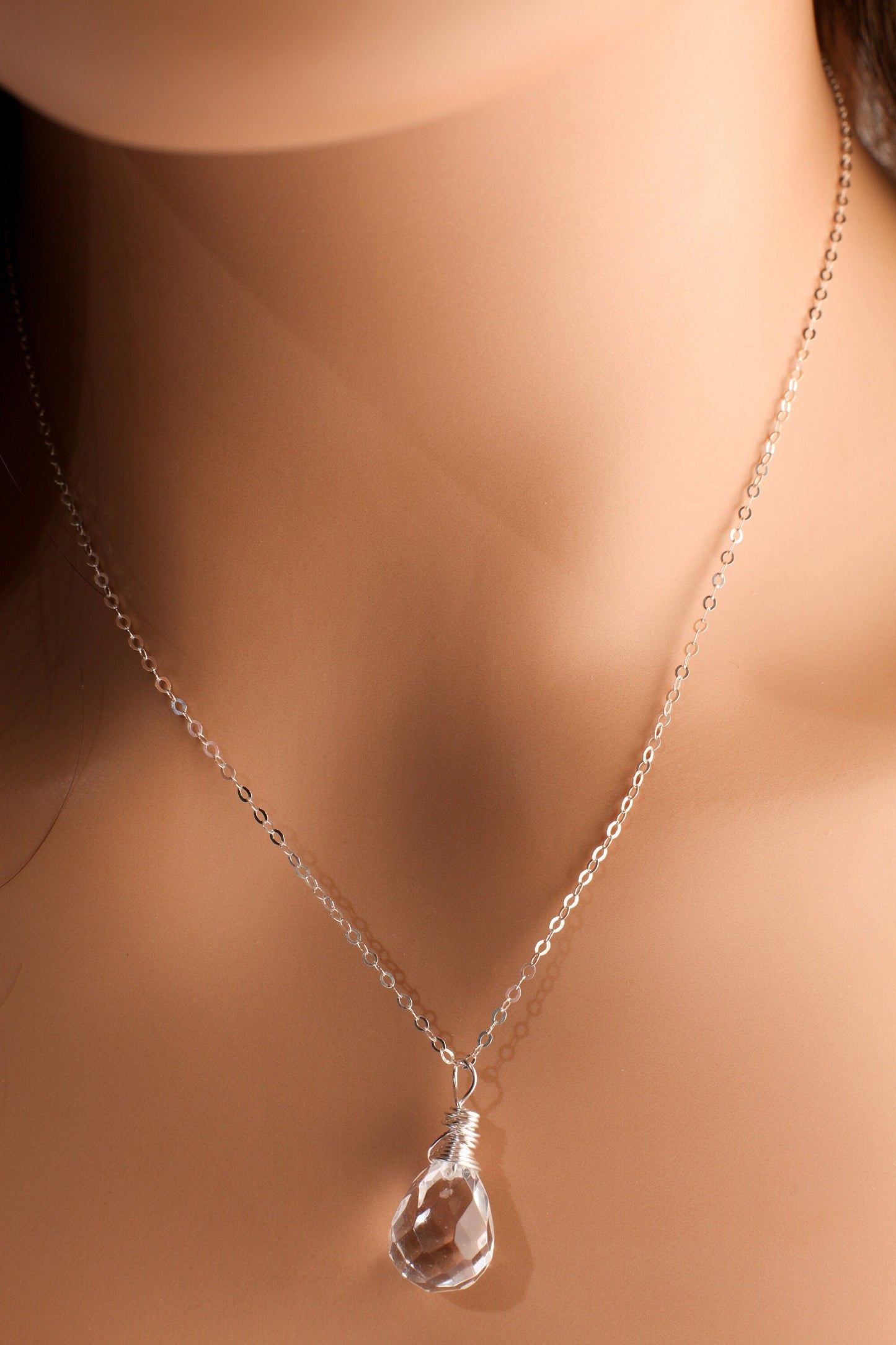 Natural Rock Crystal,Clear Quartz 12x17mm Faceted Briolette Drop Wire Wrapped Gemstone Pendant in 925 Sterling Silver Chain, necklace.