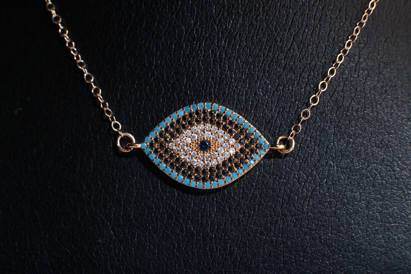 Cubic Zirconia Micro Pave Diamond Style Evil Eye Pendant with 14K Gold Filled Necklace, 3 Choice of Colors in 16",18",20", 22" and 24"